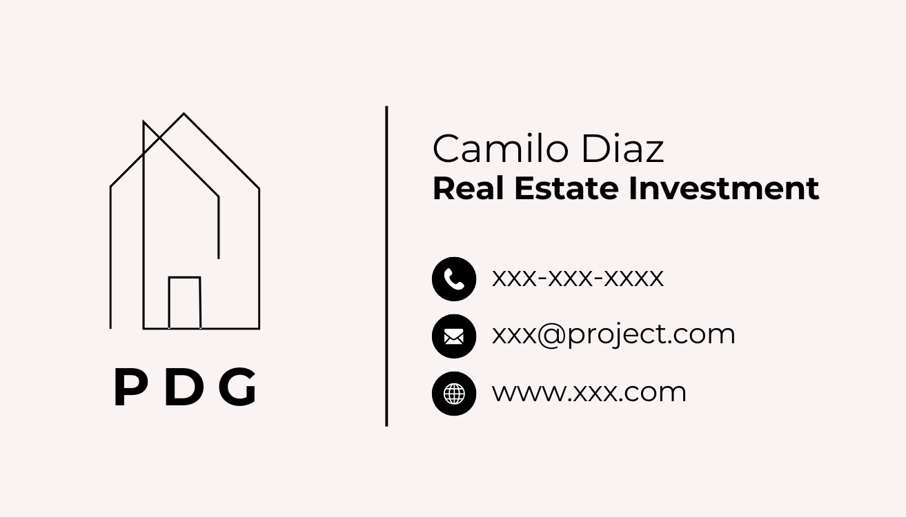 Business card for Camilo Diaz with logo of a house, titled 'P D G', and contact information including phone, email, and website.