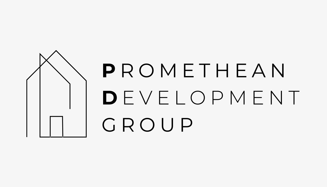 Logo with a stylized house outline and the text 'PROMETHEAN DEVELOPMENT GROUP' arranged vertically to the right of the house, on a light gray background.