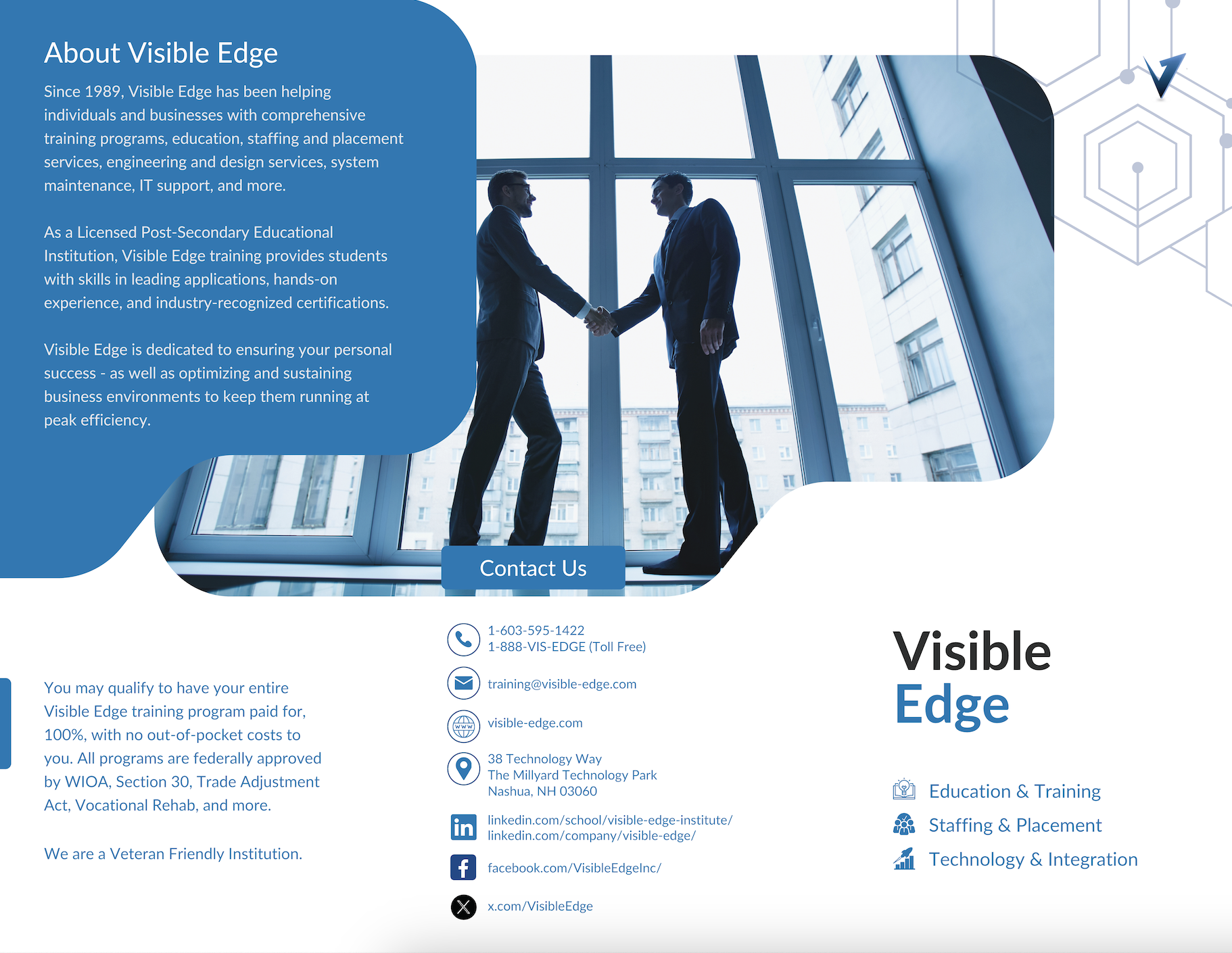 Brochure for Visible Edge with a blue and white design. Features a photo of two businesspeople shaking hands near large windows, with contact information and service categories listed.
