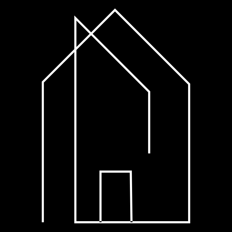 Outline drawing of a house with a pitched roof and a front door, all in white lines on a black background.