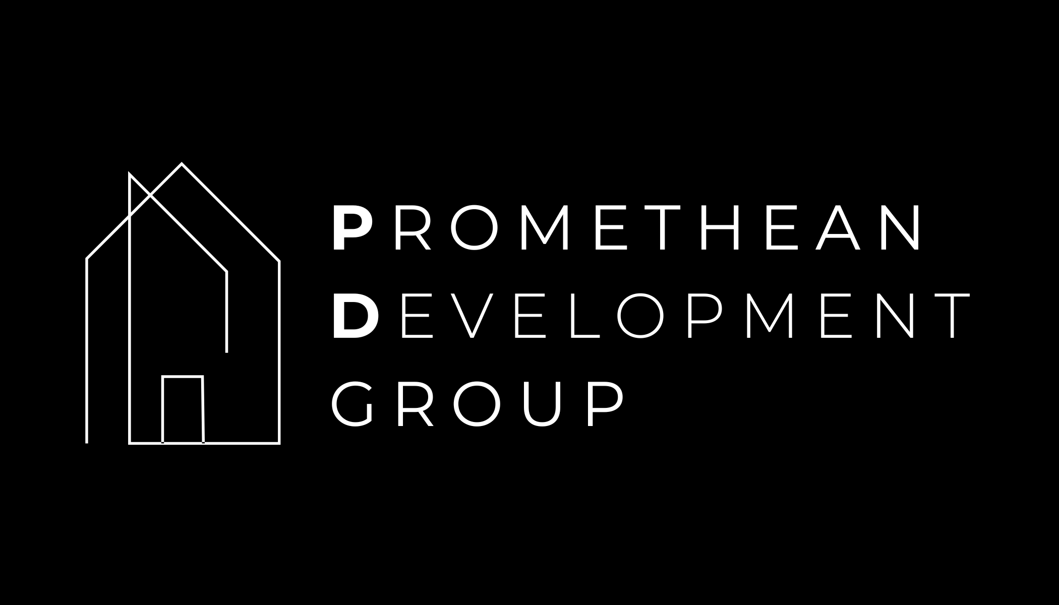 Logo of Promethean Development Group featuring a minimalist house outline on a black background with the company name in white text.