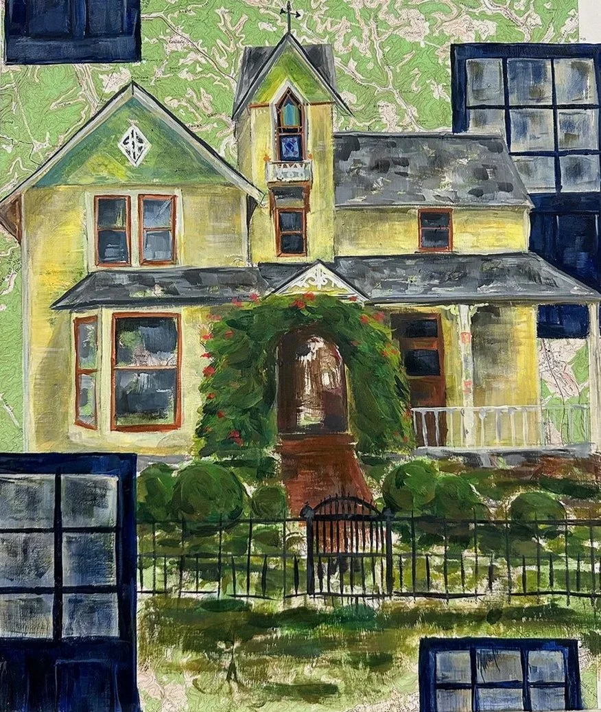 "Collins' House", 2024, Acrylic and Vintage map on panel, 18x24in