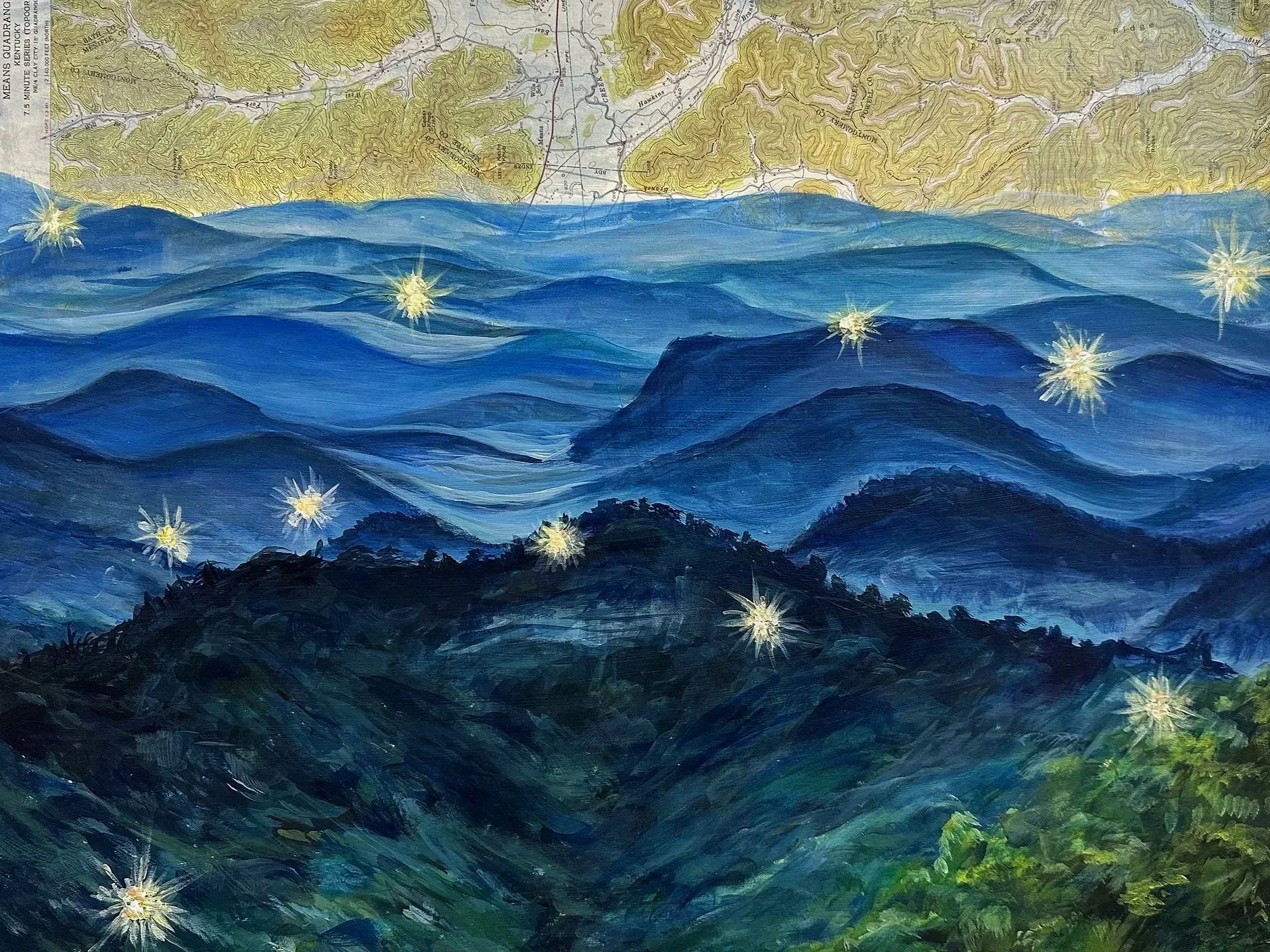 "Brown Mountain Ghost Lights", 2024, Acrylic and Vintage map on panel, 24x18
