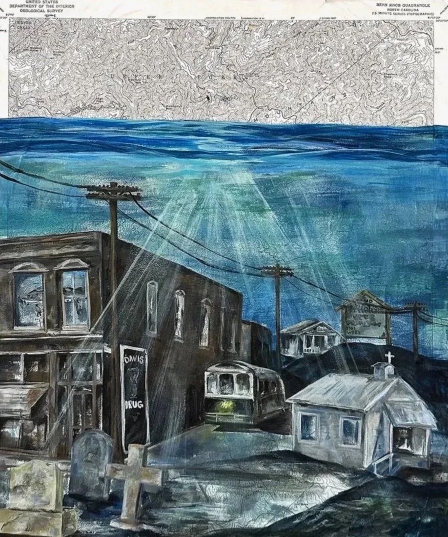 "Under Lake Fontana", 2024, Acrylic and Vintage map on panel, 18x24 
