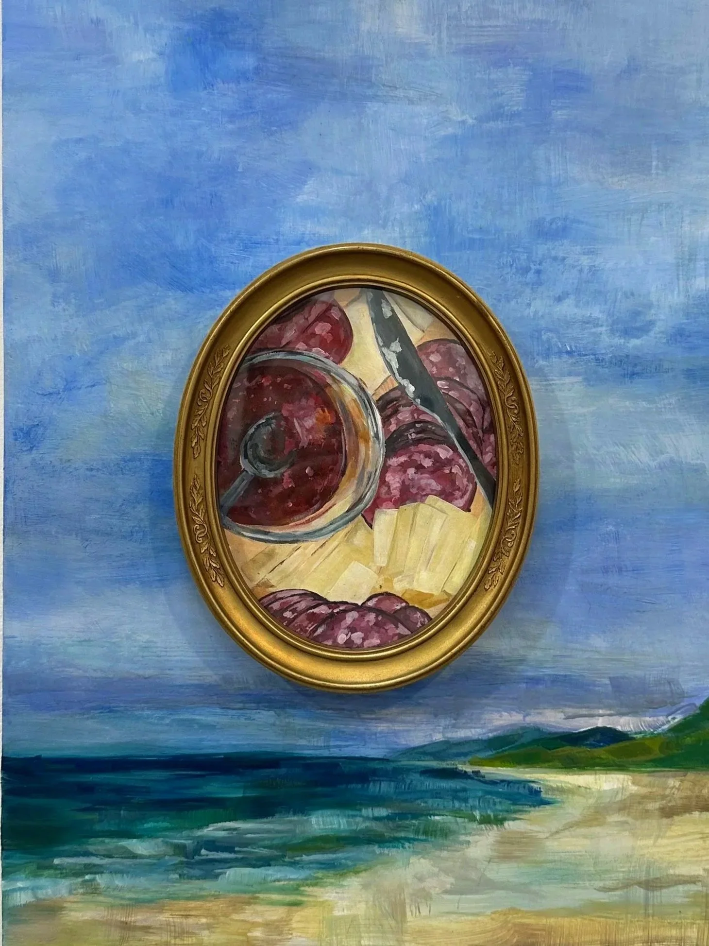 "A Michigan Summer (Part 2)", 2025, Acrylic and oil with found frame on panel, 18x24