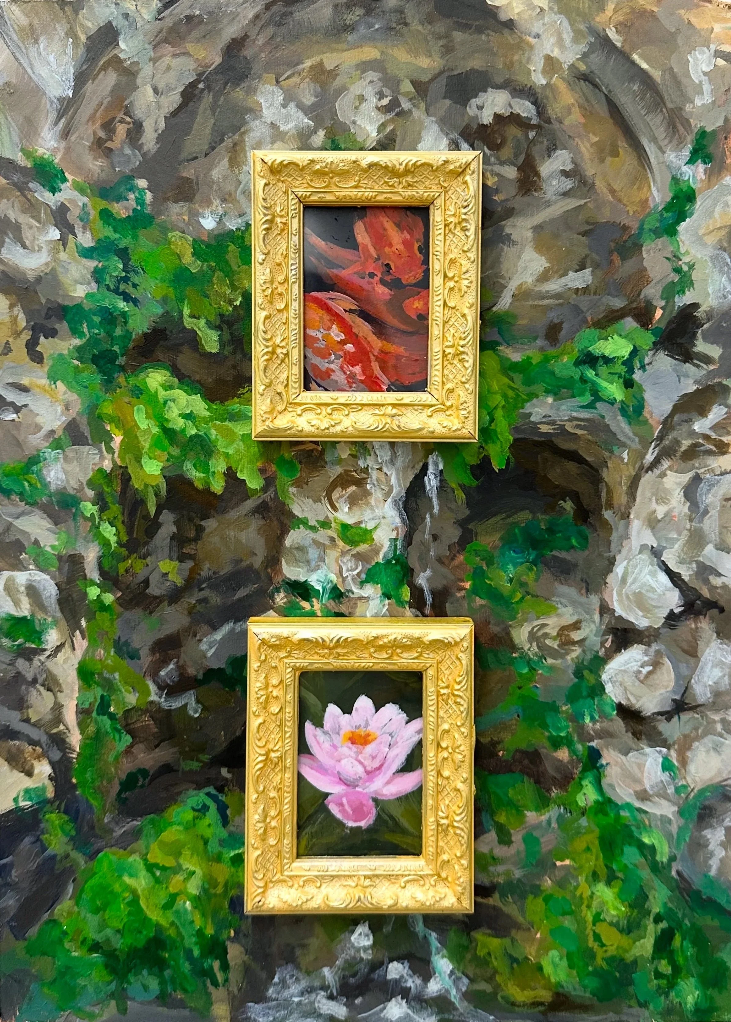 "Piazzale Michelangelo", 2025, Oil and Acrylic with found frames on panel, 12x16