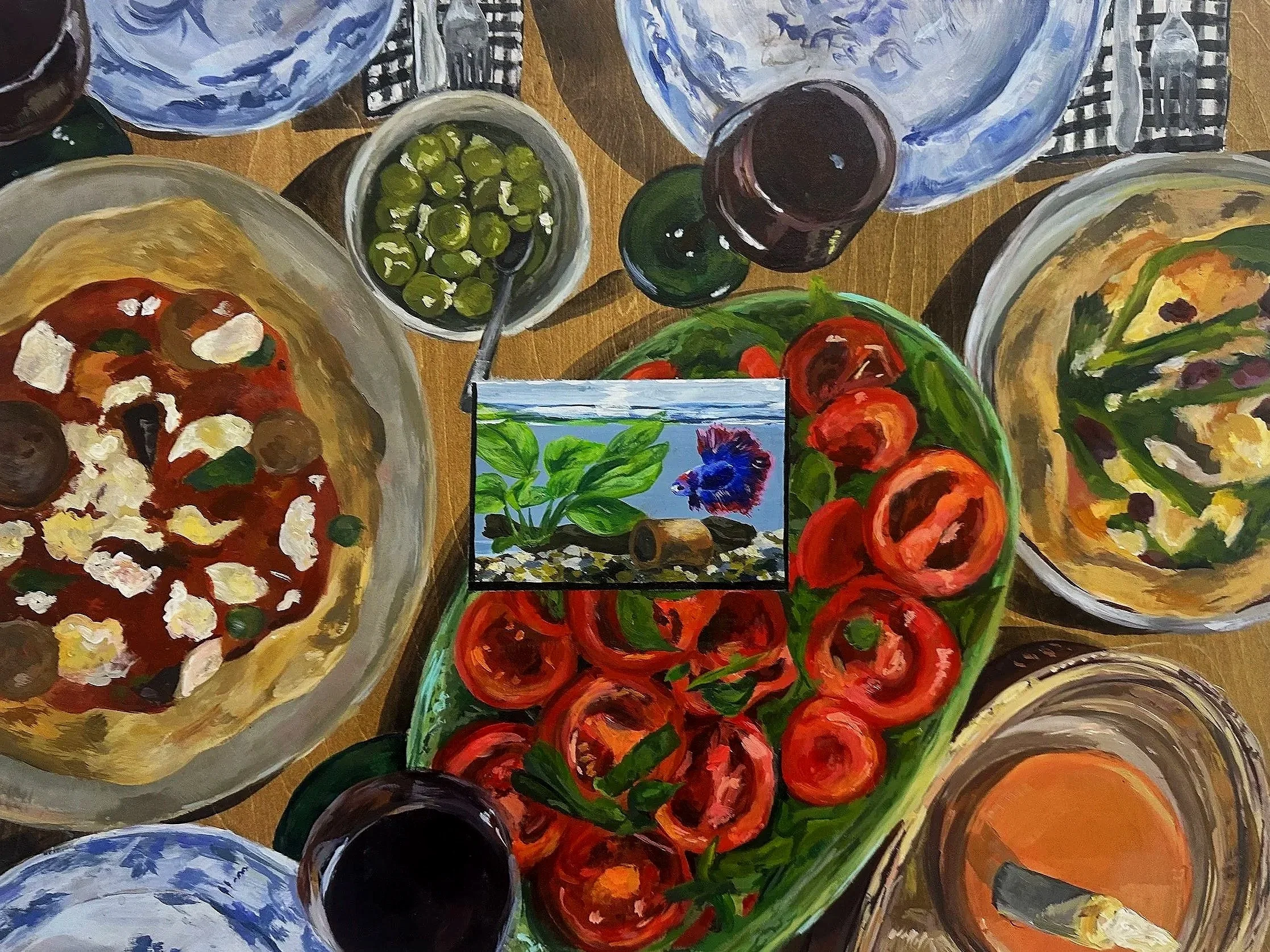 "The Restaurant Fish Tank", 2025, Acrylic on panel, 18x24