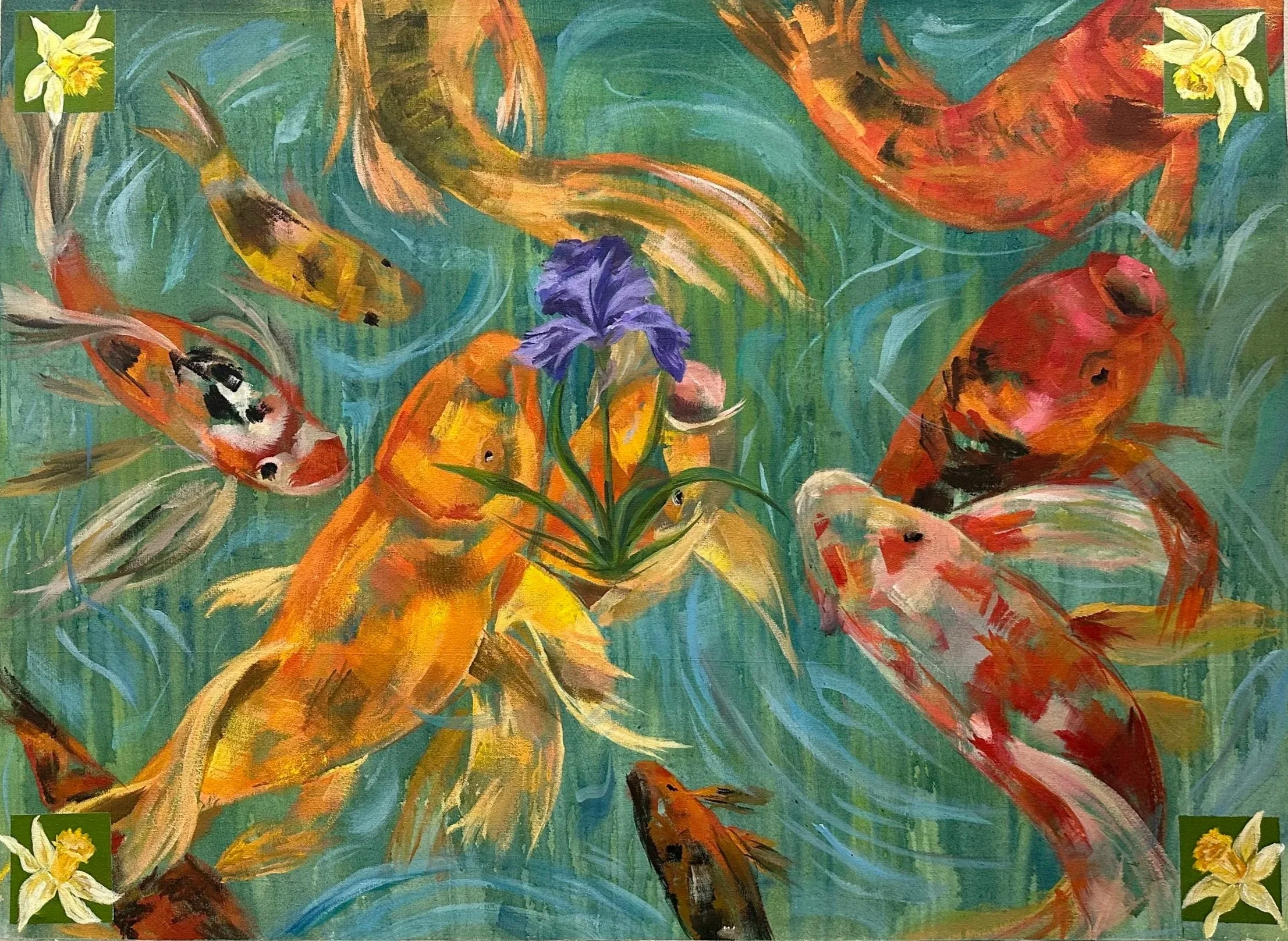 "Koi Pond", 2025, Acrylic on unstretched canvas, 48x56