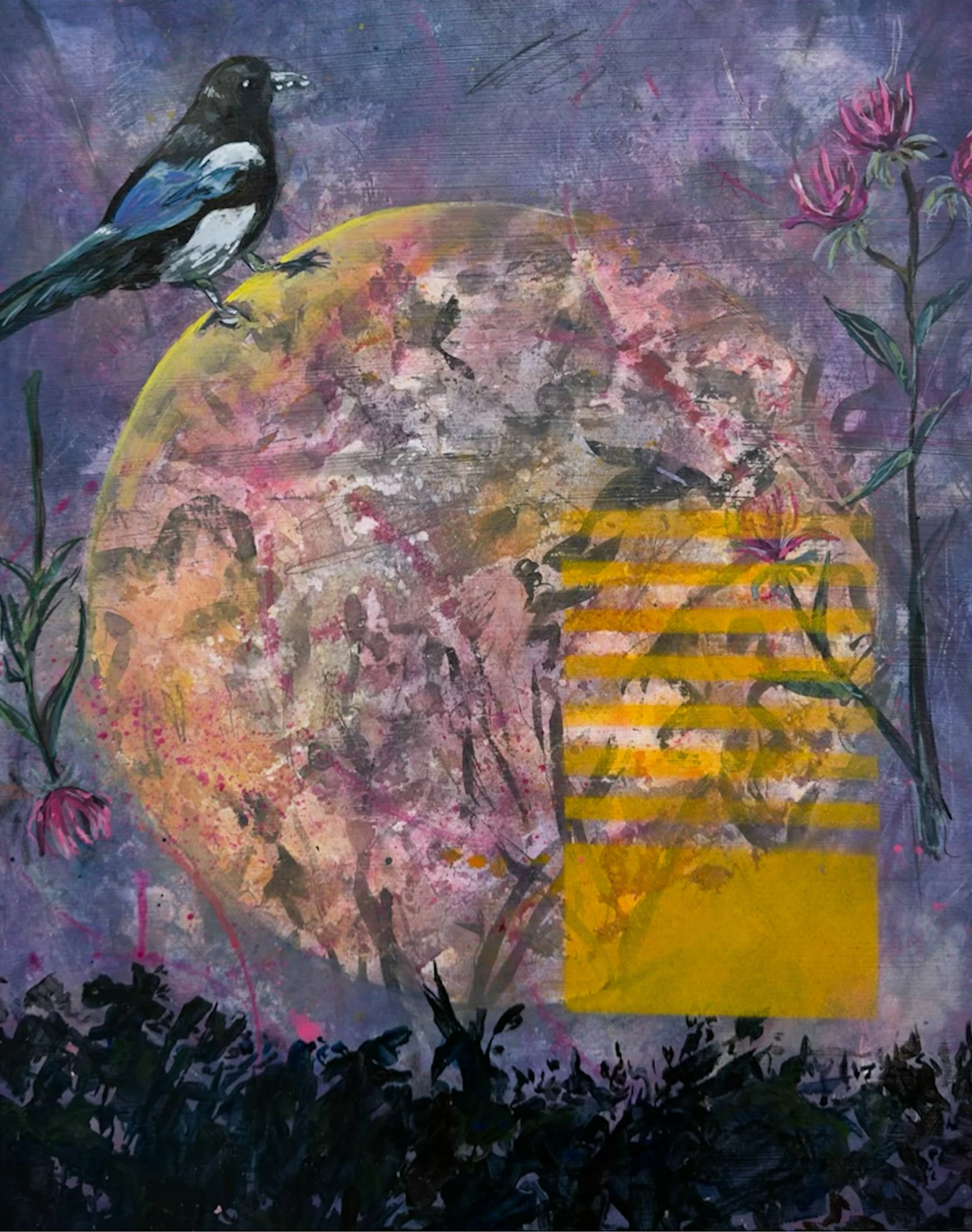 "Magpie On the Moon", 2026, Acrylic and mixed media on panel, 20x24
