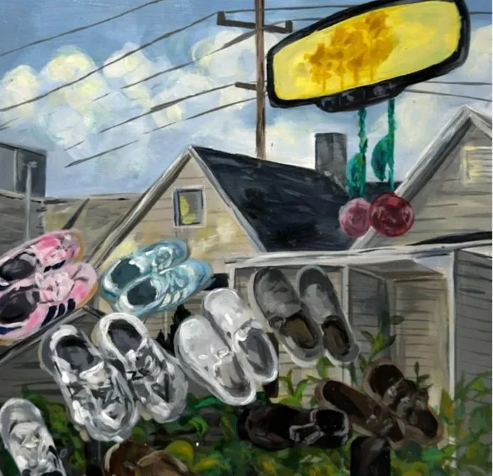 Painting of house with shoes displayed on a rack and hanging from a sign, under a partly cloudy sky.