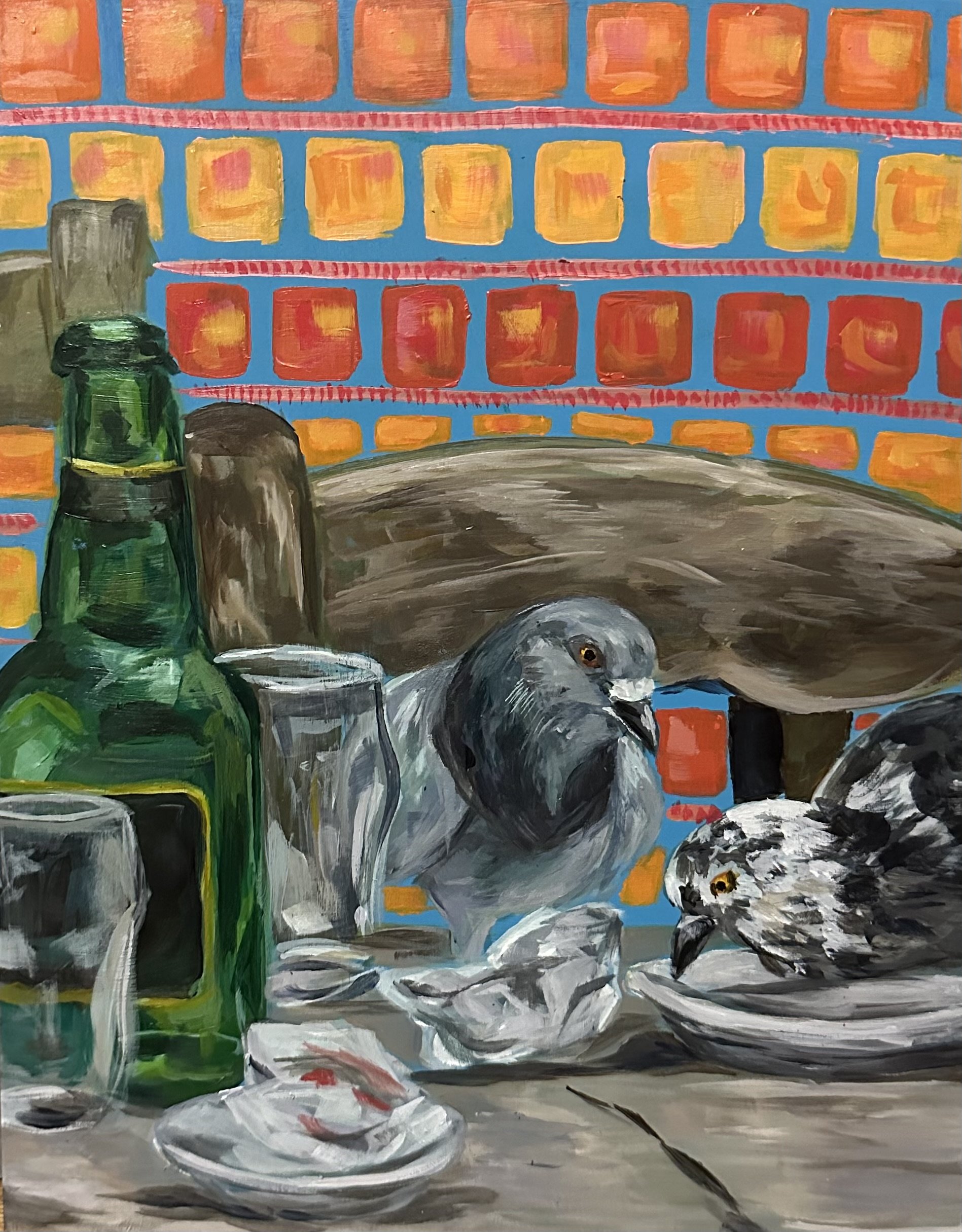 "Pigeons", 2026, Acrylic on panel, 10x12