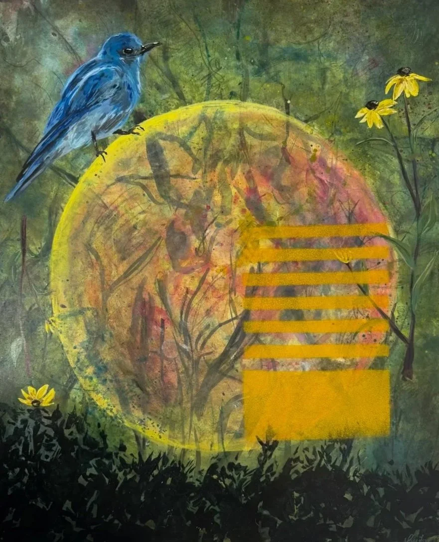 A blue bird perched on a branch in front of a colorful, abstract background featuring a large yellow circle, yellow flowers, green foliage, and a yellow stepped structure.