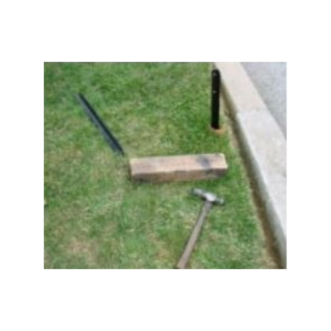 Drive longer/first mounting stake into ground using block of wood between hammer and stake to protect powder coat finish. Leave approx. 6 inches of stake above ground.