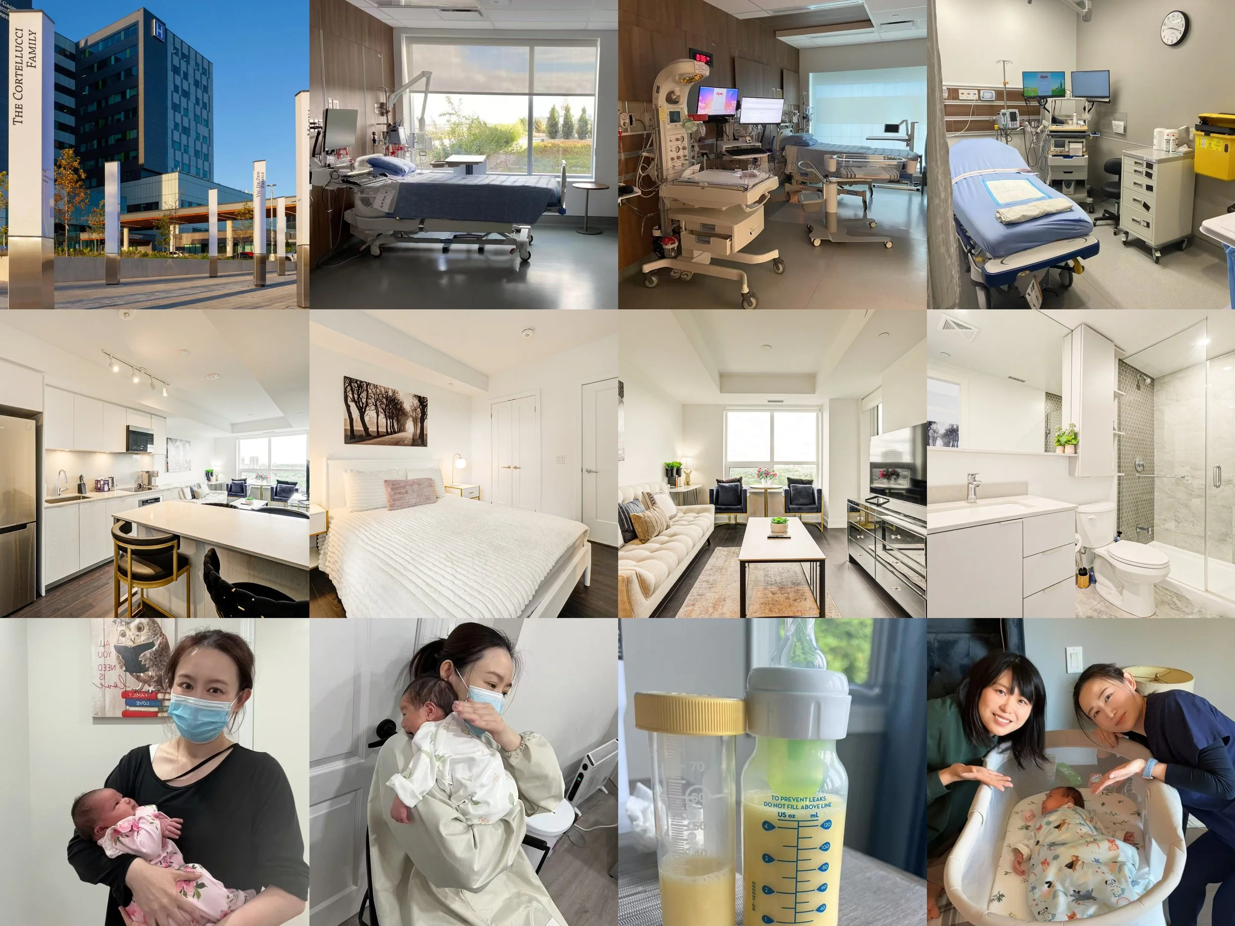 A collage of 12 images showing a hospital, living spaces, and a woman holding a newborn, with medical equipment, a baby bottle, and a baby in a bassinet.
