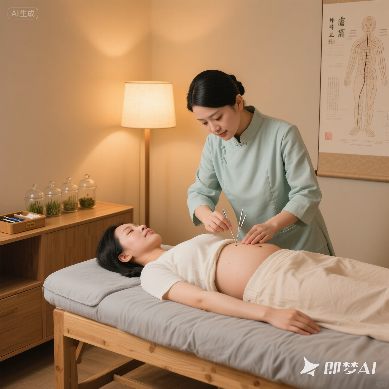 A woman receiving acupuncture treatment from a healthcare professional in a treatment room. The patient is lying on her back with a relaxed expression, and the practitioner is inserting thin acupuncture needles into her abdomen. The room has warm lighting, a wooden side table with glass jars, and a medical chart on the wall.