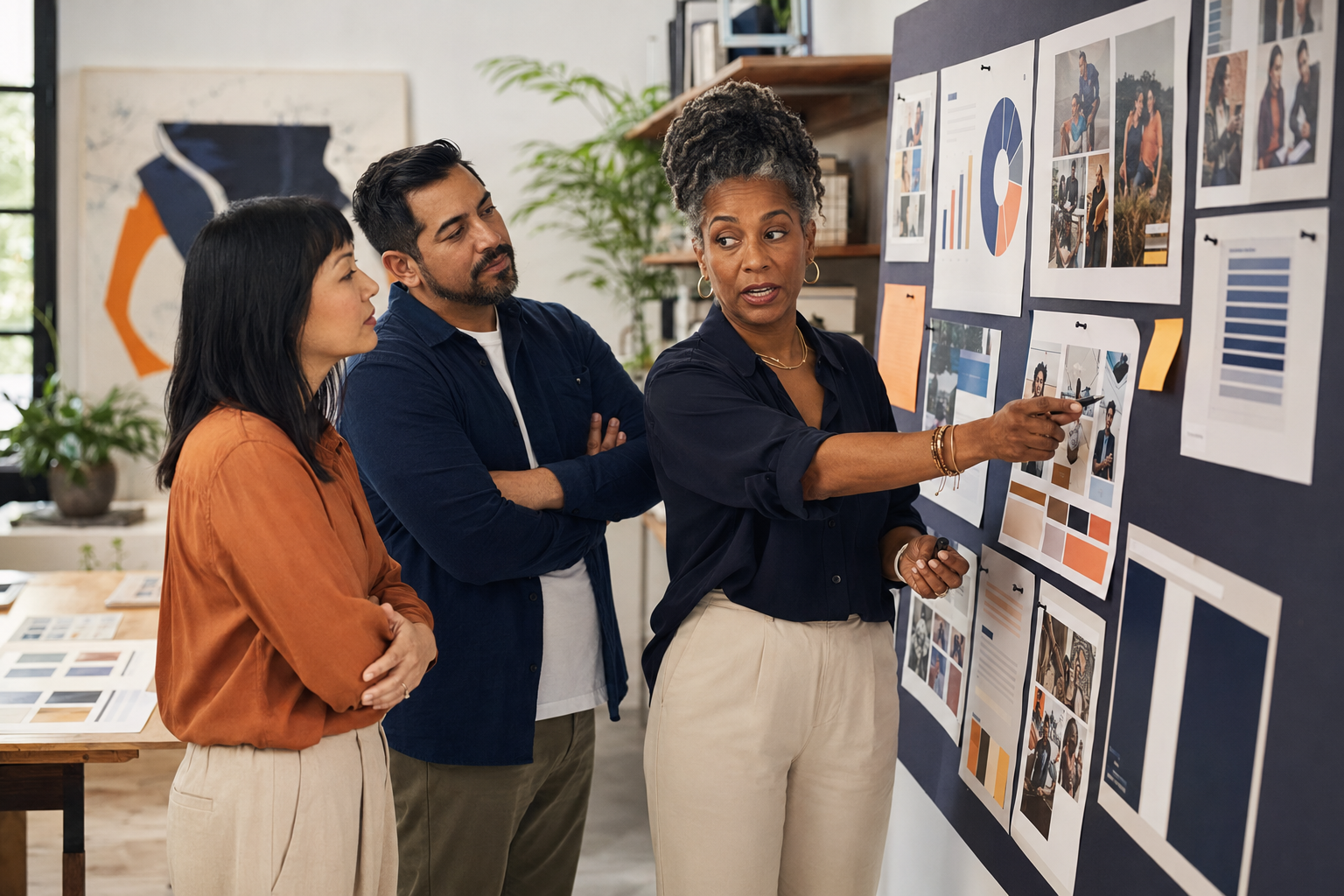 Diverse group of professionals standing at a bulletin board holding a communications strategy meeting