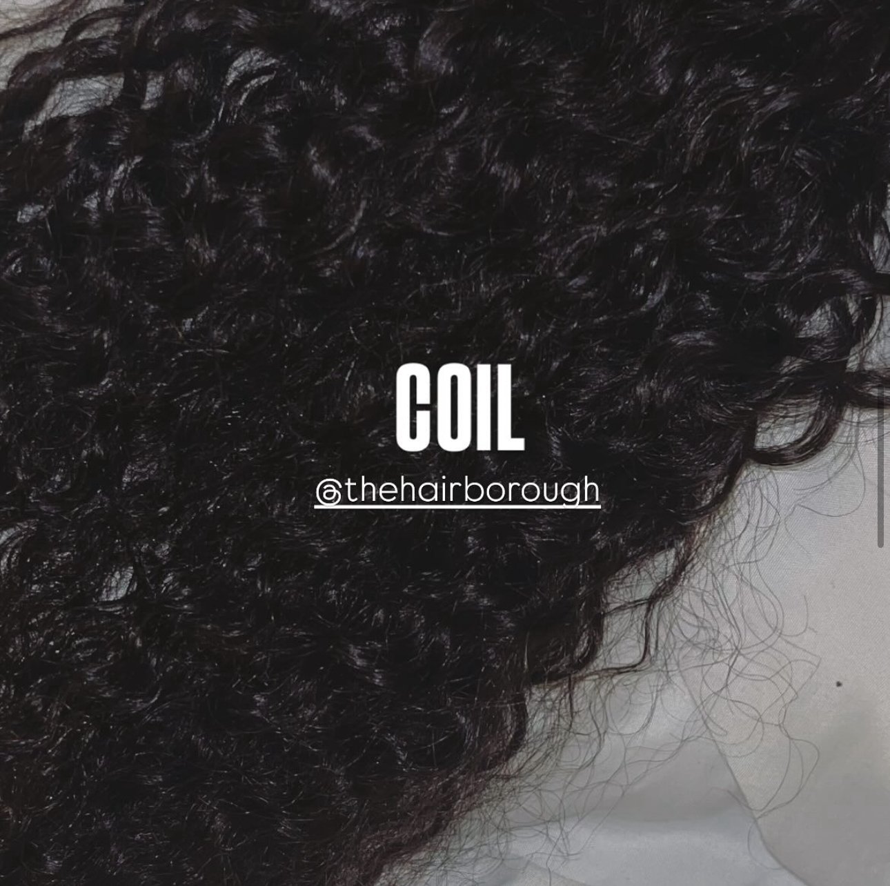 Close-up of black curly hair with text overlay that reads 'COIL' and '@thehairborough'.