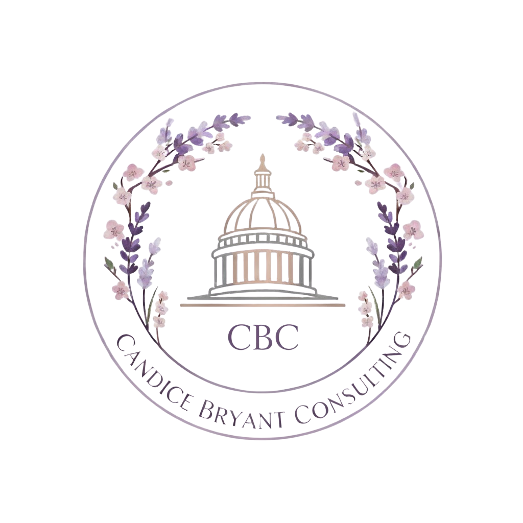 A circular logo featuring a pastel purple and pink floral wreath surrounding an illustration of the U.S. Capitol building with the initials 'CBC' underneath. The text 'Candice Bryant Consulting' is curved along the bottom inside the circle.