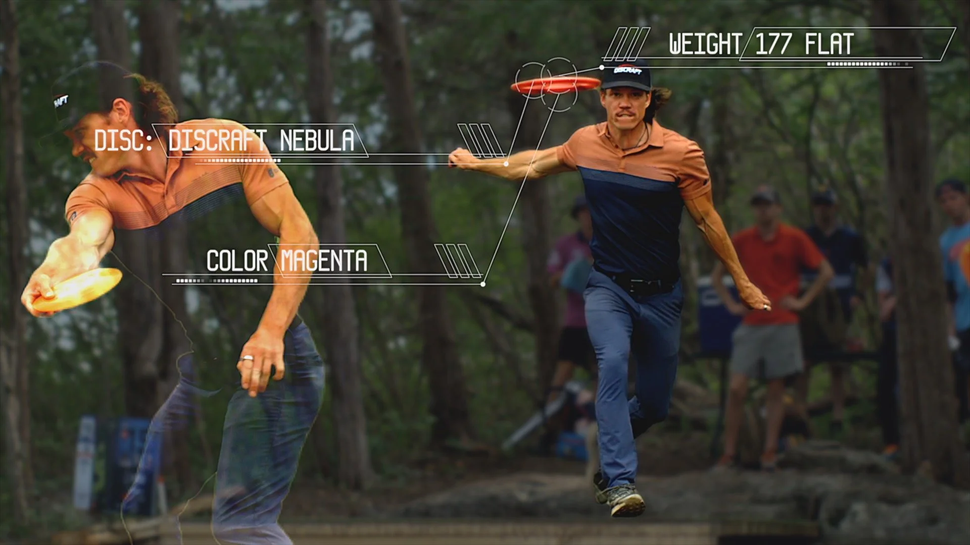 Two men playing disc golf outdoors in a forest, one in mid-air throwing a disc and the other running after the disc, with graphical annotations showing disc, color magenta, weight 177 grams, and other game details.