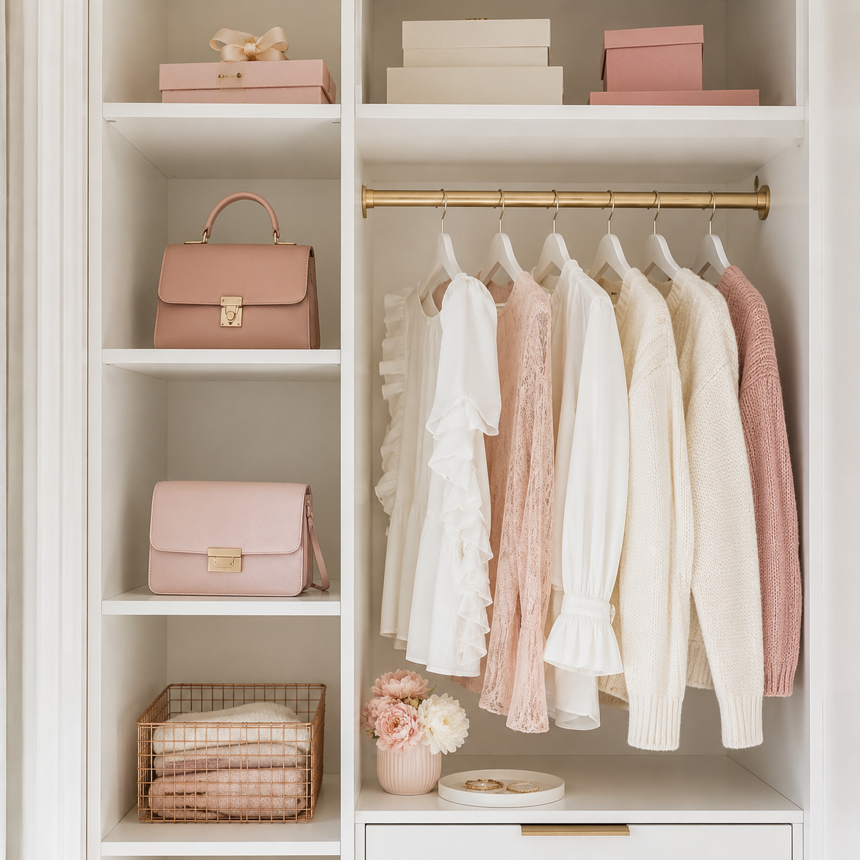 Closet shelf with pink and white boxes, handbags, clothing on hangers including white, yellow, and beige garments, and pink shopping bags.