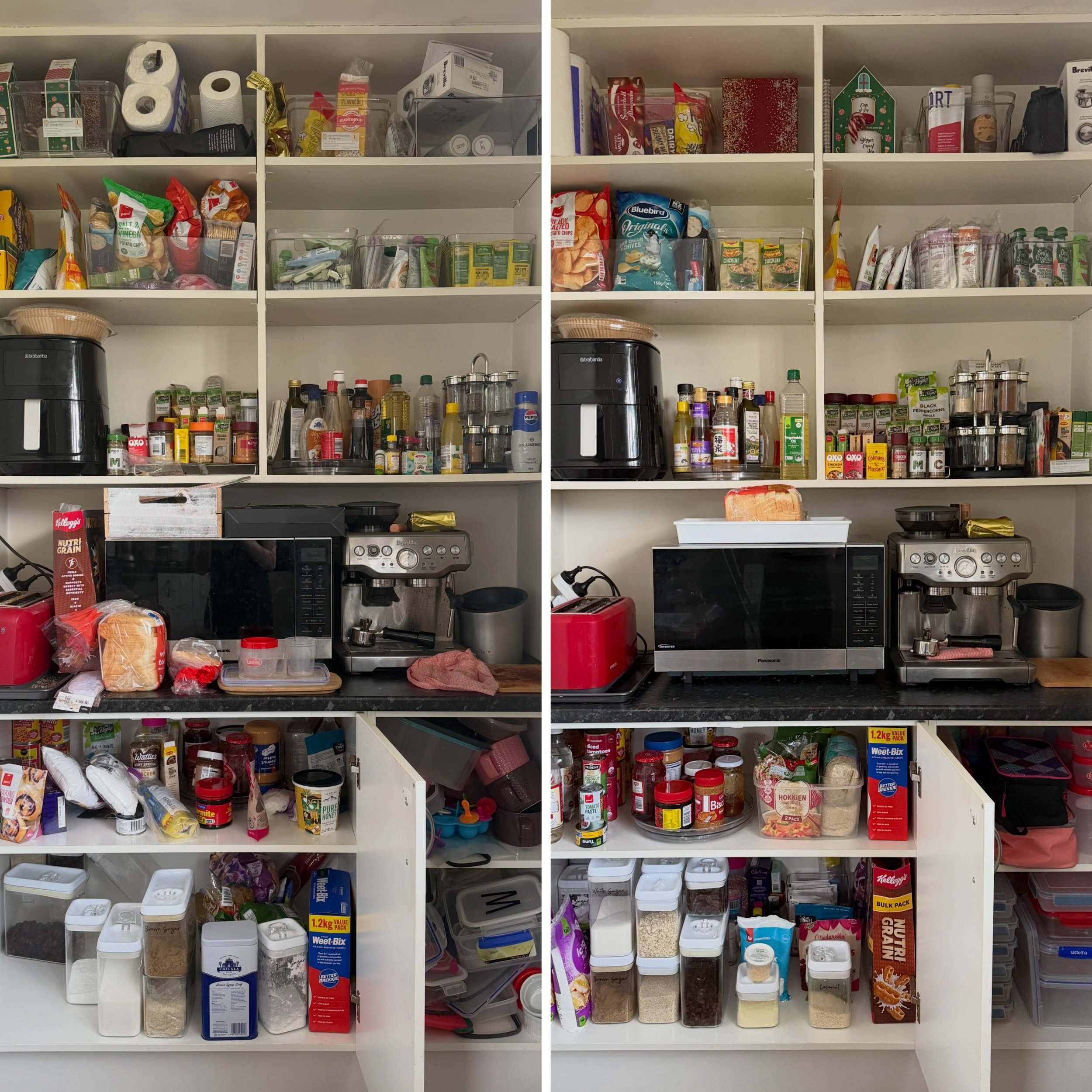 Before-and-after walk-in pantry transformation with food and kitchen supplies neatly organised by category.