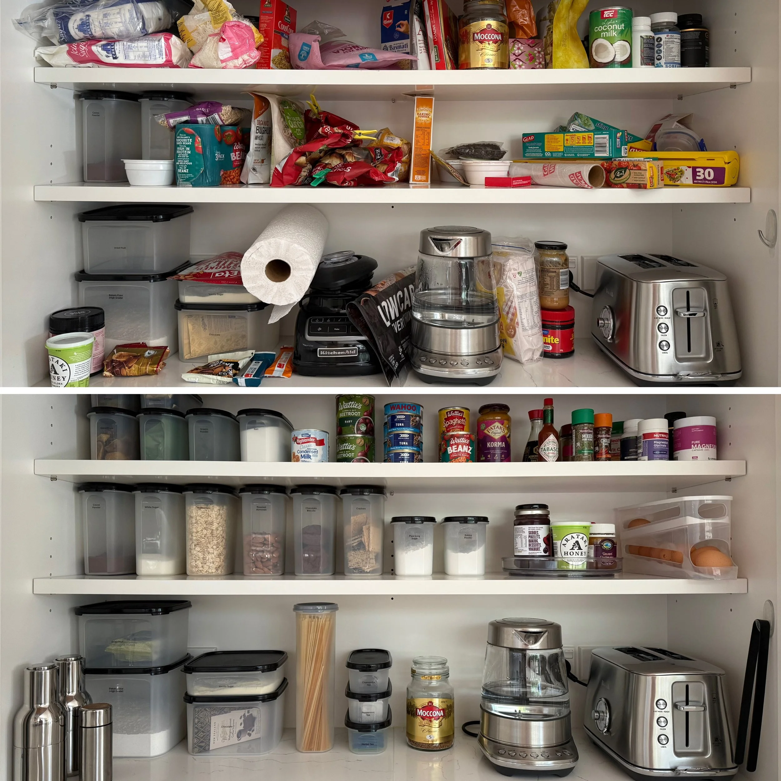 Before-and-after pantry transformation with food, appliances and cooking essentials organised by category for easy access.
