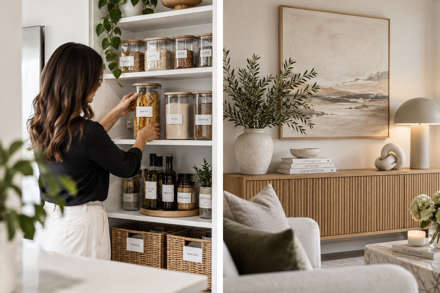 Professional home organiser arranging a beautifully organised pantry with practical storage solutions in an Auckland home.
