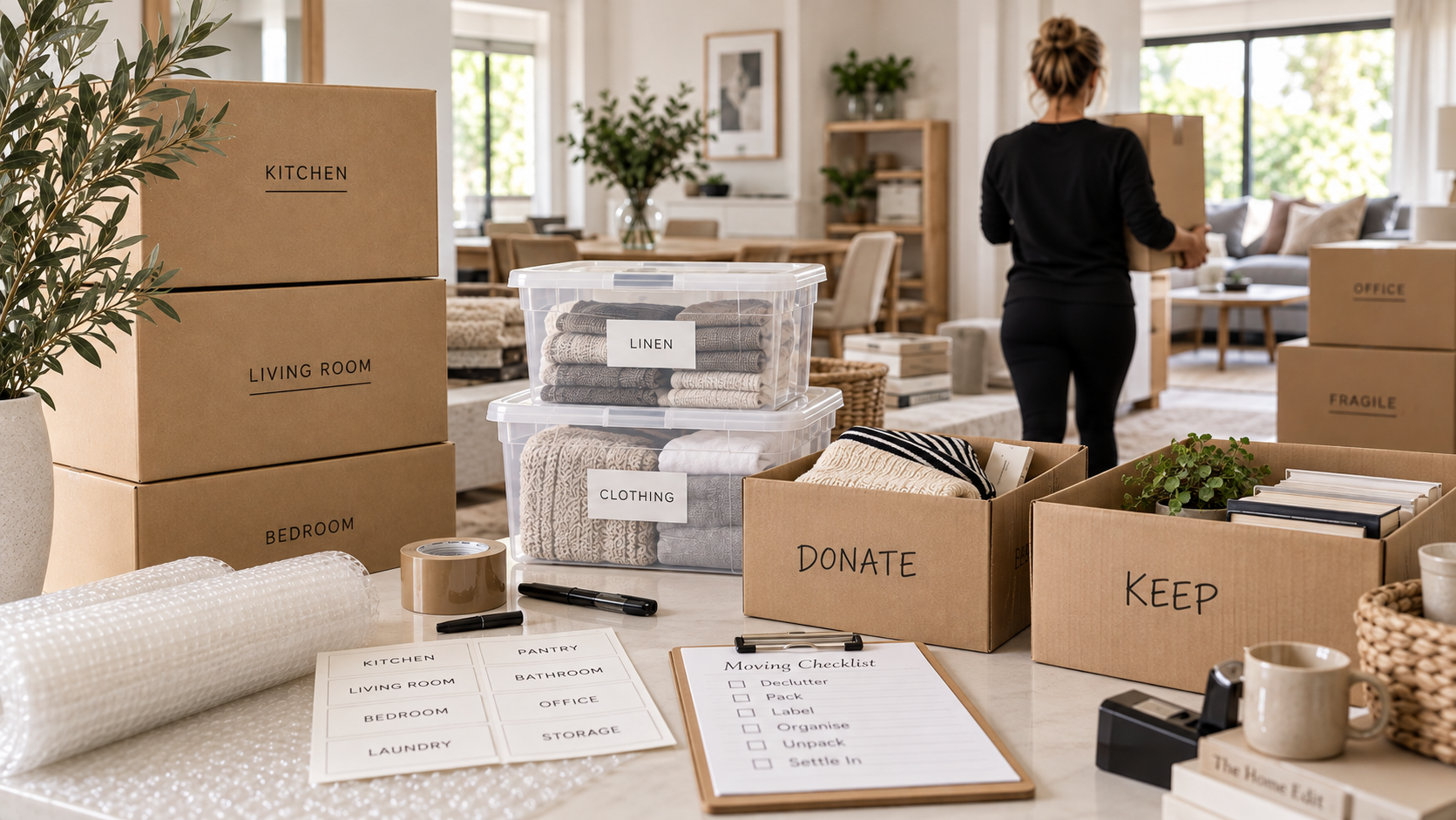 Moving and relocation support with labelled packing boxes, organised belongings and storage containers ready for a home move.