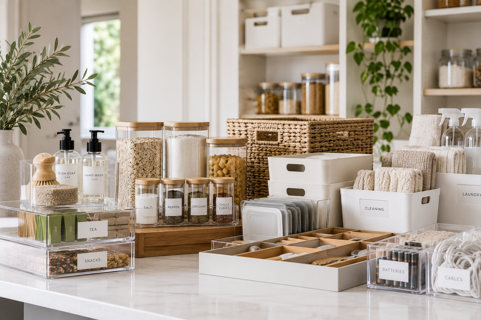Thoughtfully selected storage products including baskets, containers, organisers and labelled solutions for a beautifully organised home.
