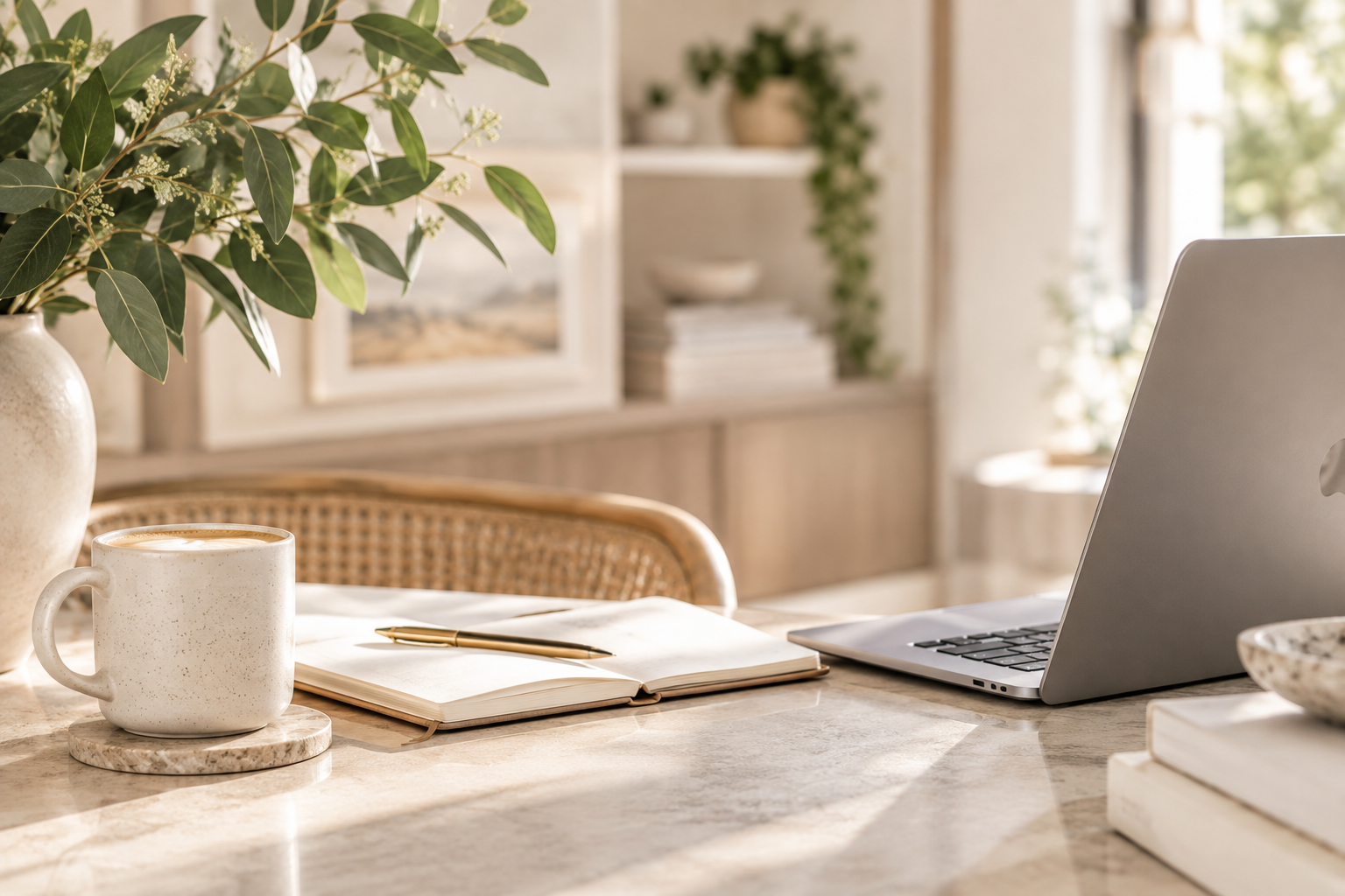 Laptop and notebook in a calm, organised home workspace