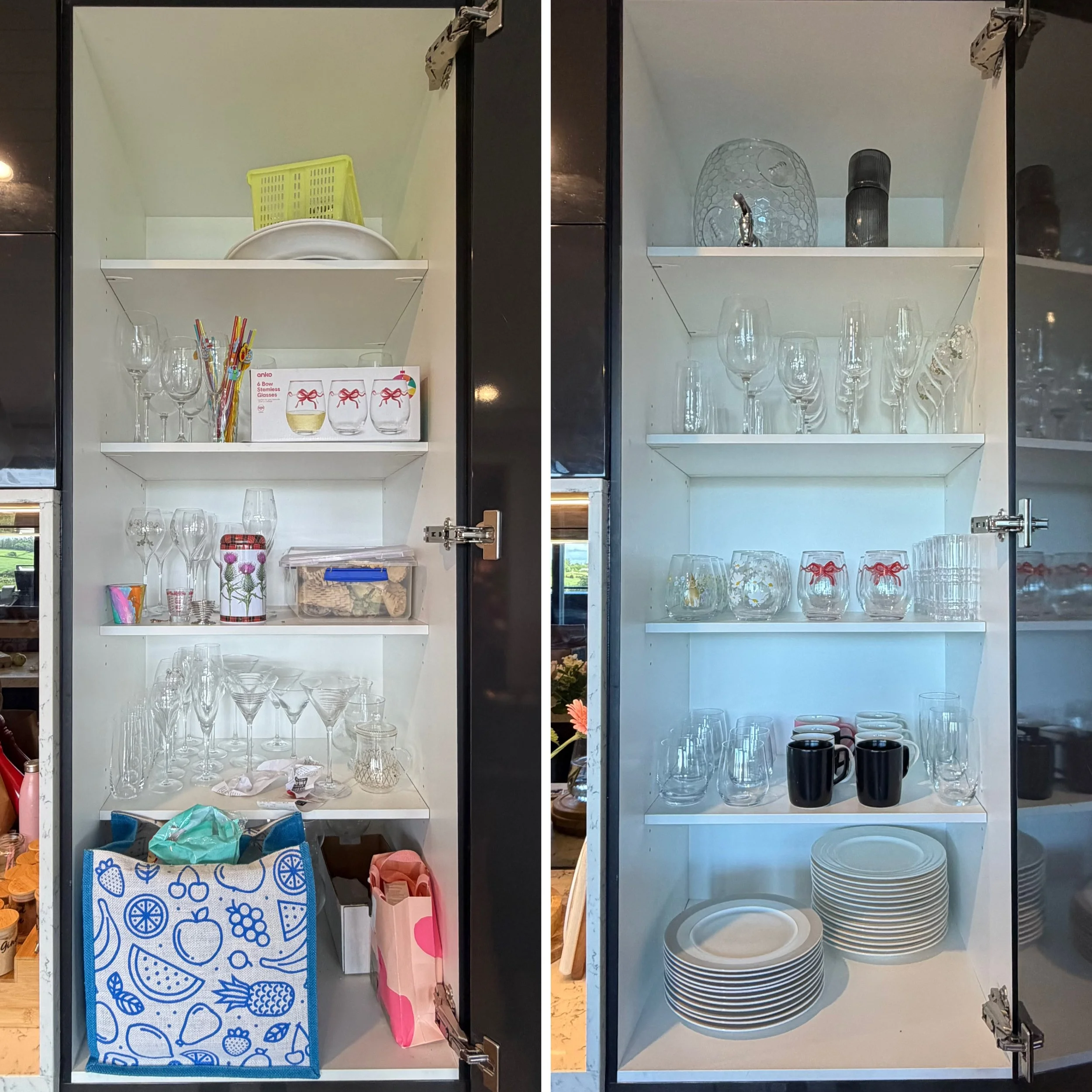 Before-and-after kitchen cupboard transformation with glassware and household supplies neatly organised.