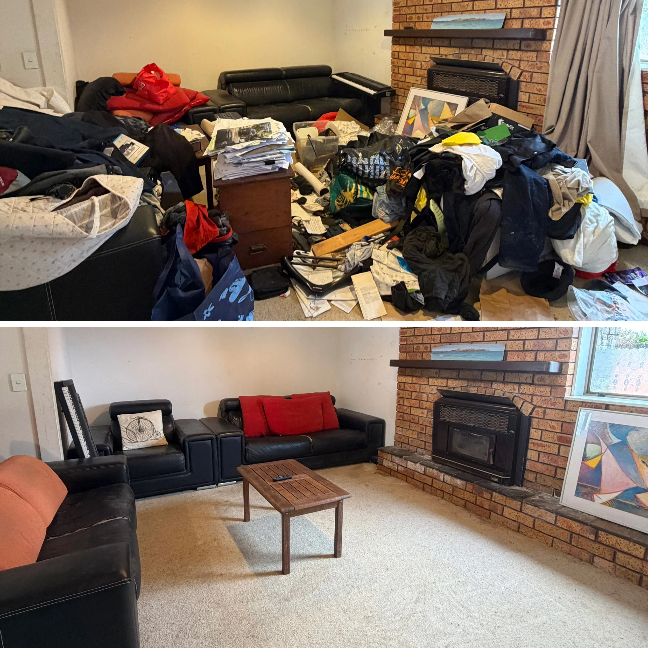 Before and after of a cluttered lounge decluttered and organised to create a clear, functional living space.
