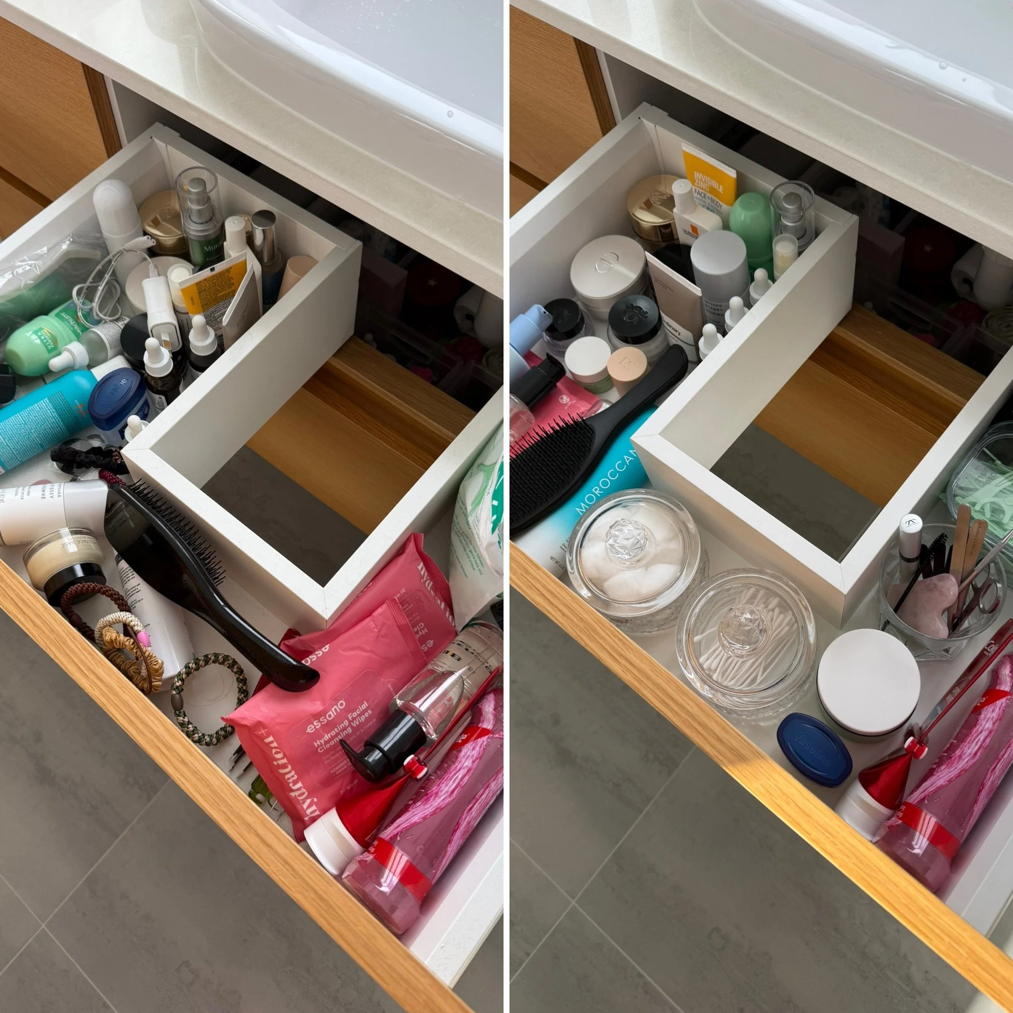 Before-and-after bathroom drawer transformation with toiletries and beauty products neatly organised.