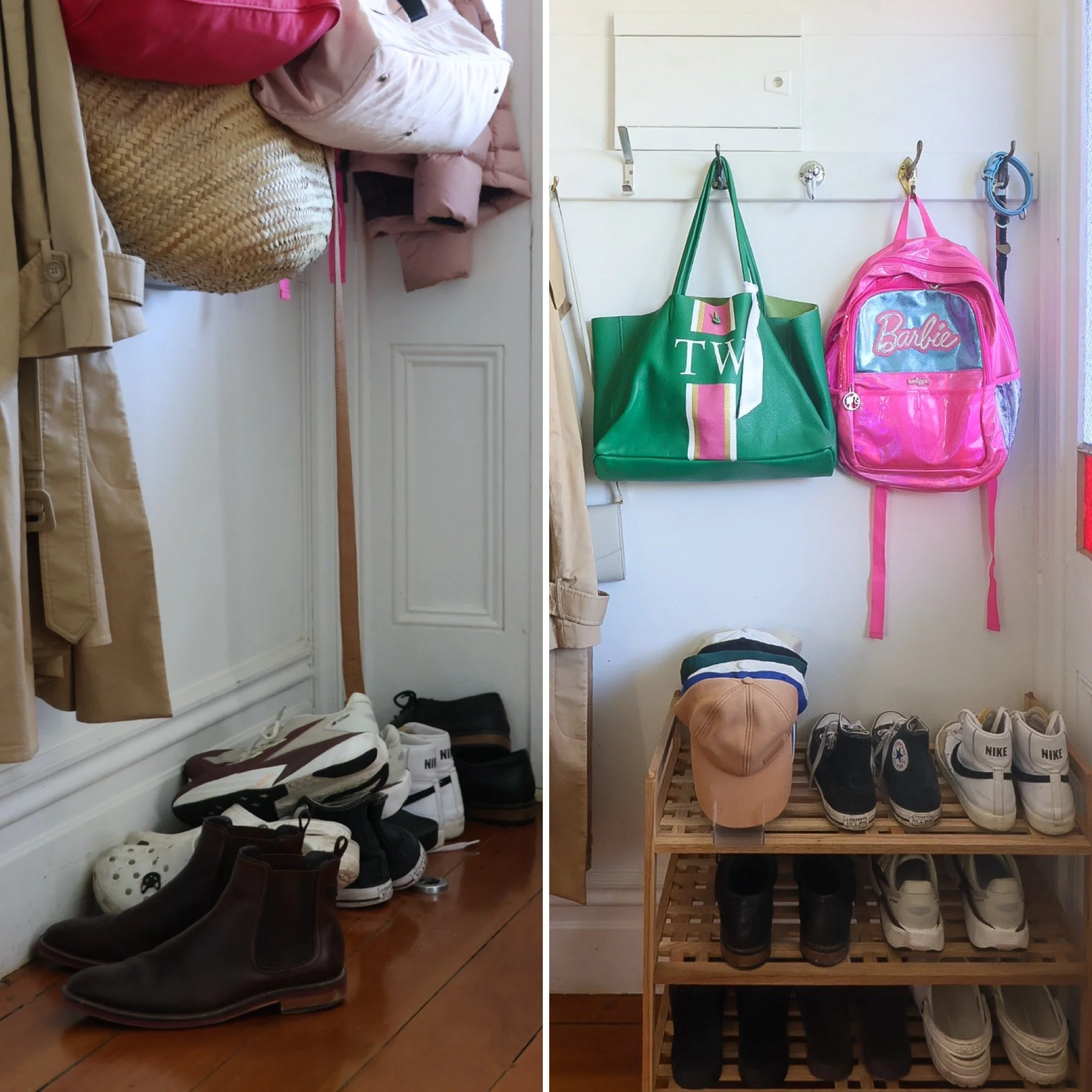 Before-and-after hallway transformation with shoes, handbags and accessories neatly arranged.