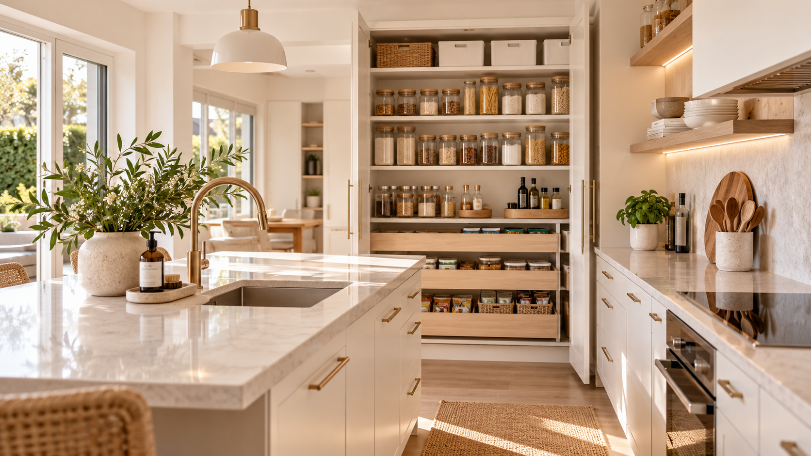 Beautifully organised kitchen and pantry with practical storage systems by Spaces by Kat, Auckland home organiser.