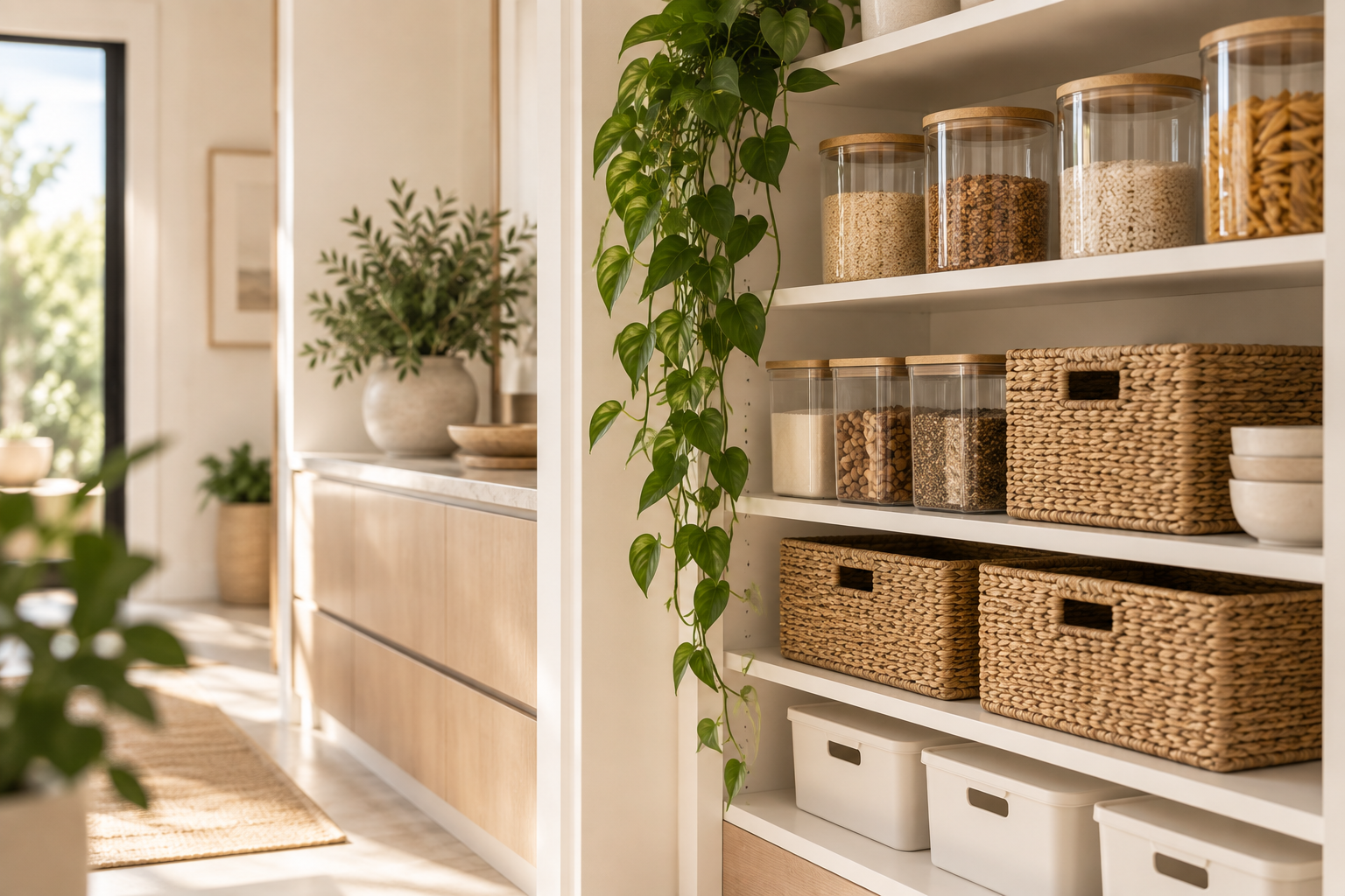 Beautifully organised home storage with clear containers and woven baskets