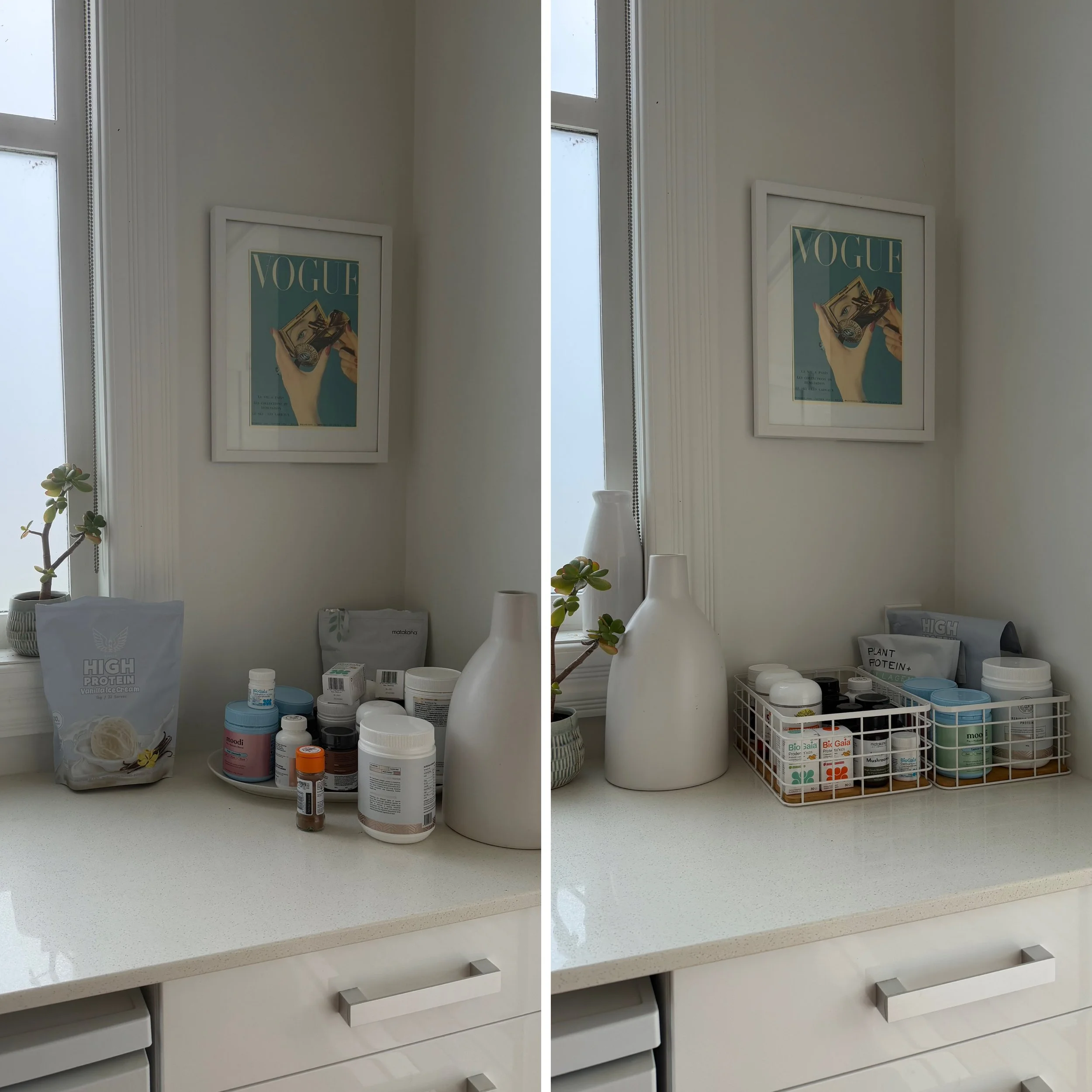 Before-and-after kitchen counter transformation with supplements cleared and the countertop neatly organised.