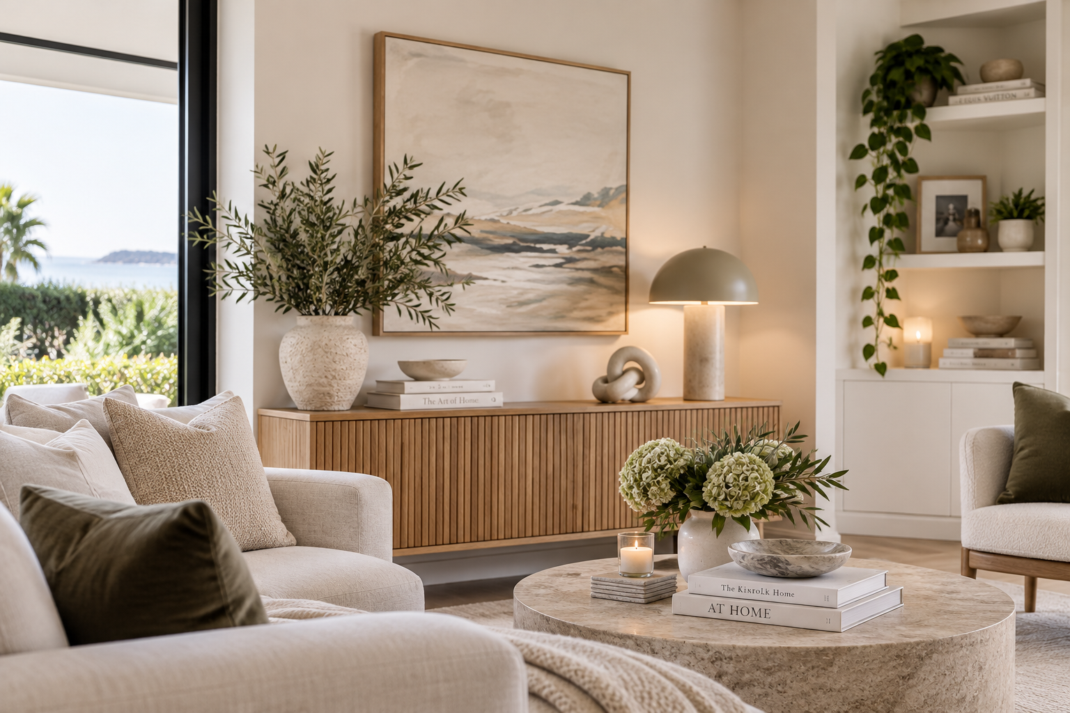 Beautifully styled living room with warm neutral tones, natural textures and thoughtfully curated décor by Spaces by Kat.