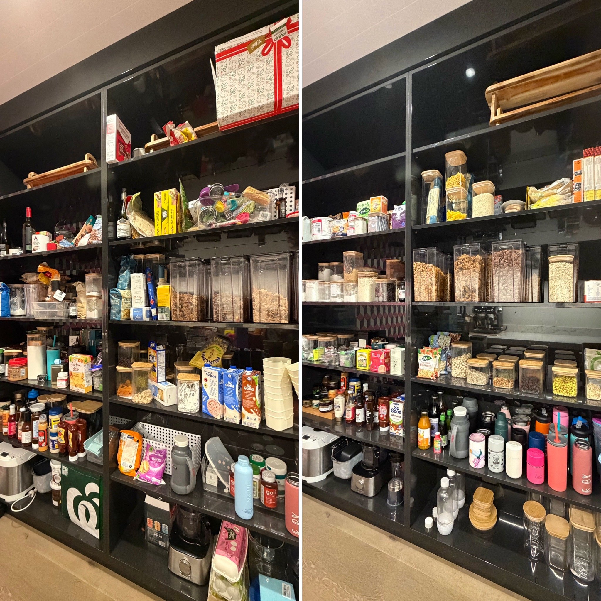 Before-and-after open pantry transformation with food and kitchen supplies arranged by category.