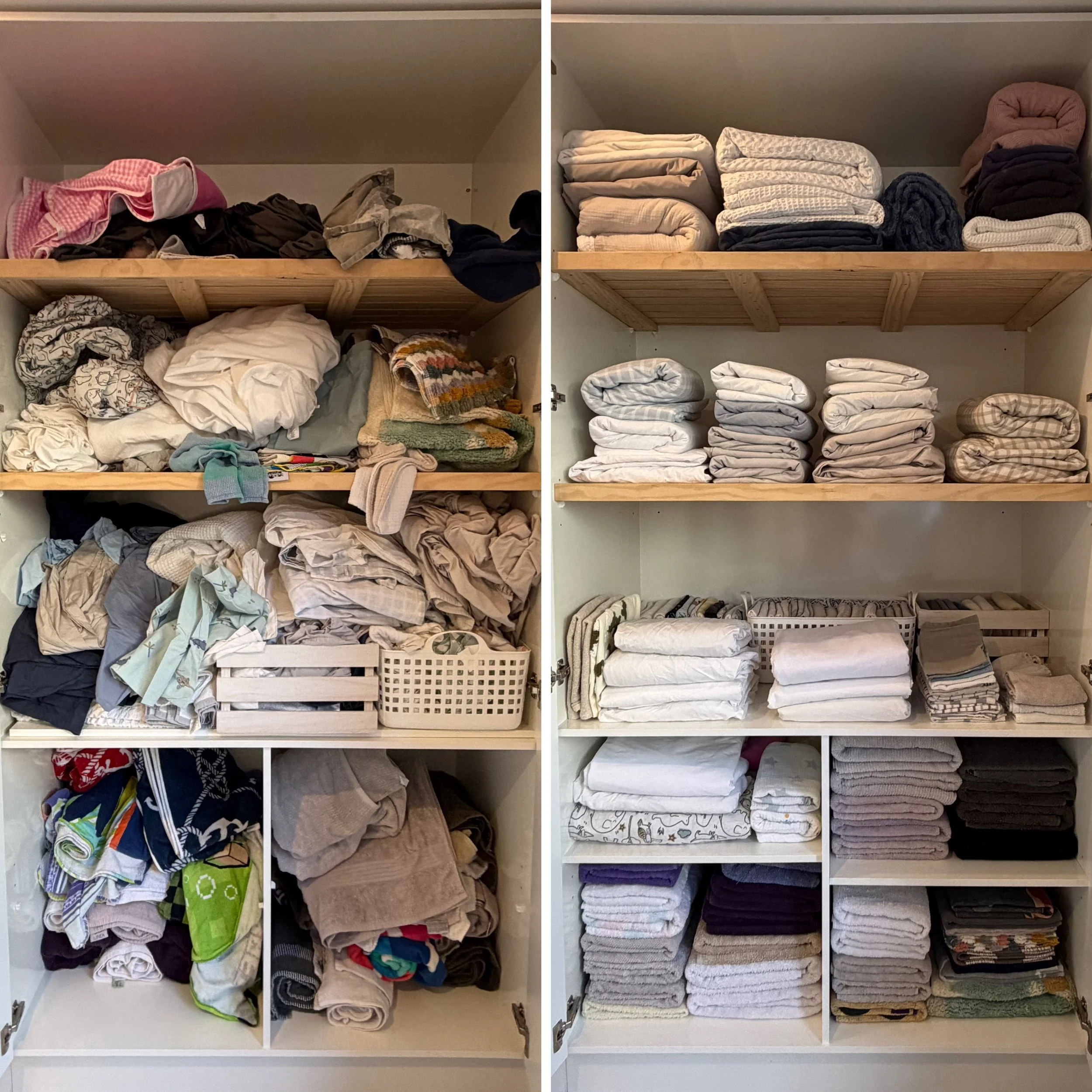 Before-and-after linen cupboard transformation with towels and household linens neatly organised.