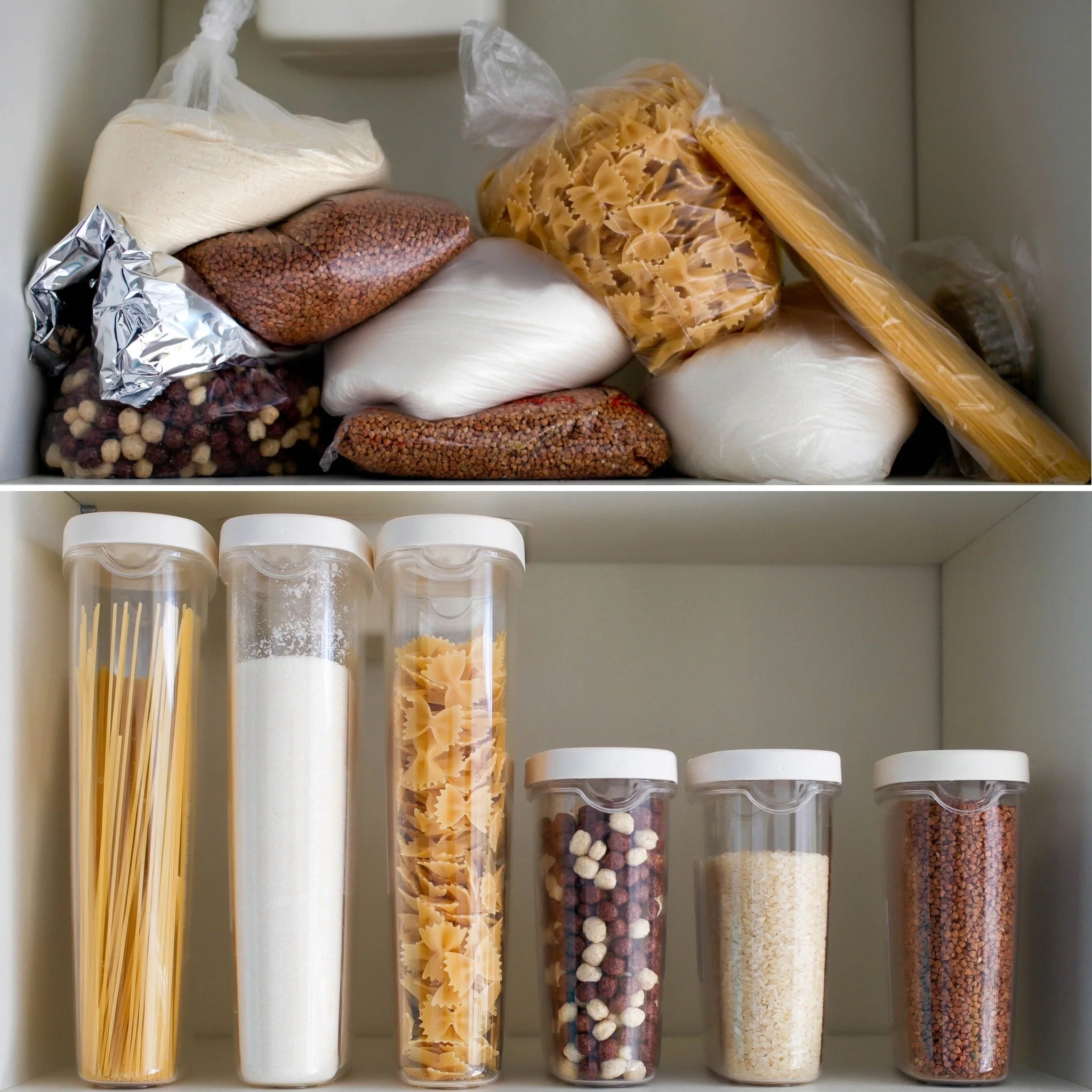 Before-and-after pantry shelf transformation with pasta, rice and dry ingredients stored in clear containers.