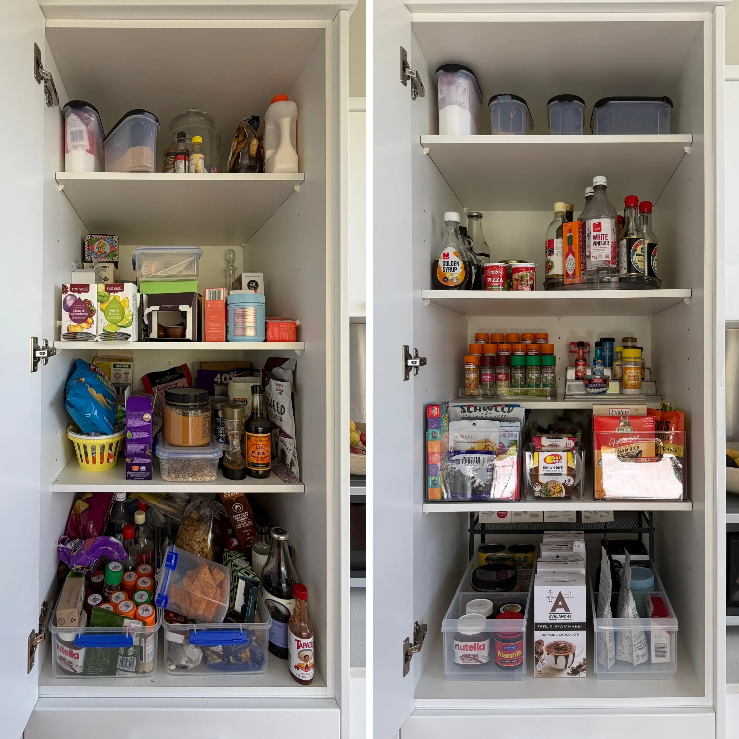 Before-and-after kitchen cupboard transformation with pantry items neatly organised for easy access.