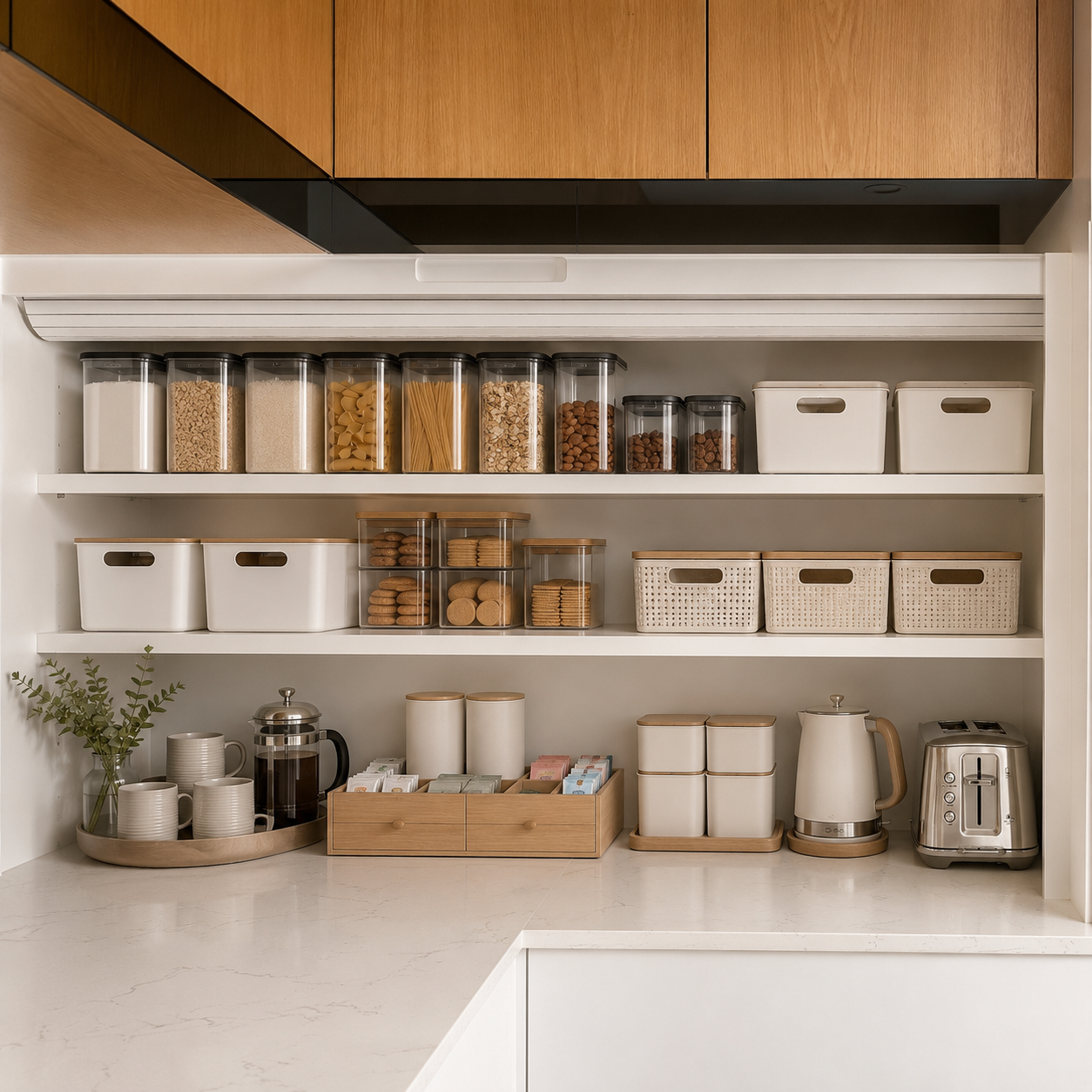 Beautifully organised walk-in wardrobe featuring colour-coordinated clothing, storage baskets, and a clean, minimalist layout styled by Spaces by Kat.