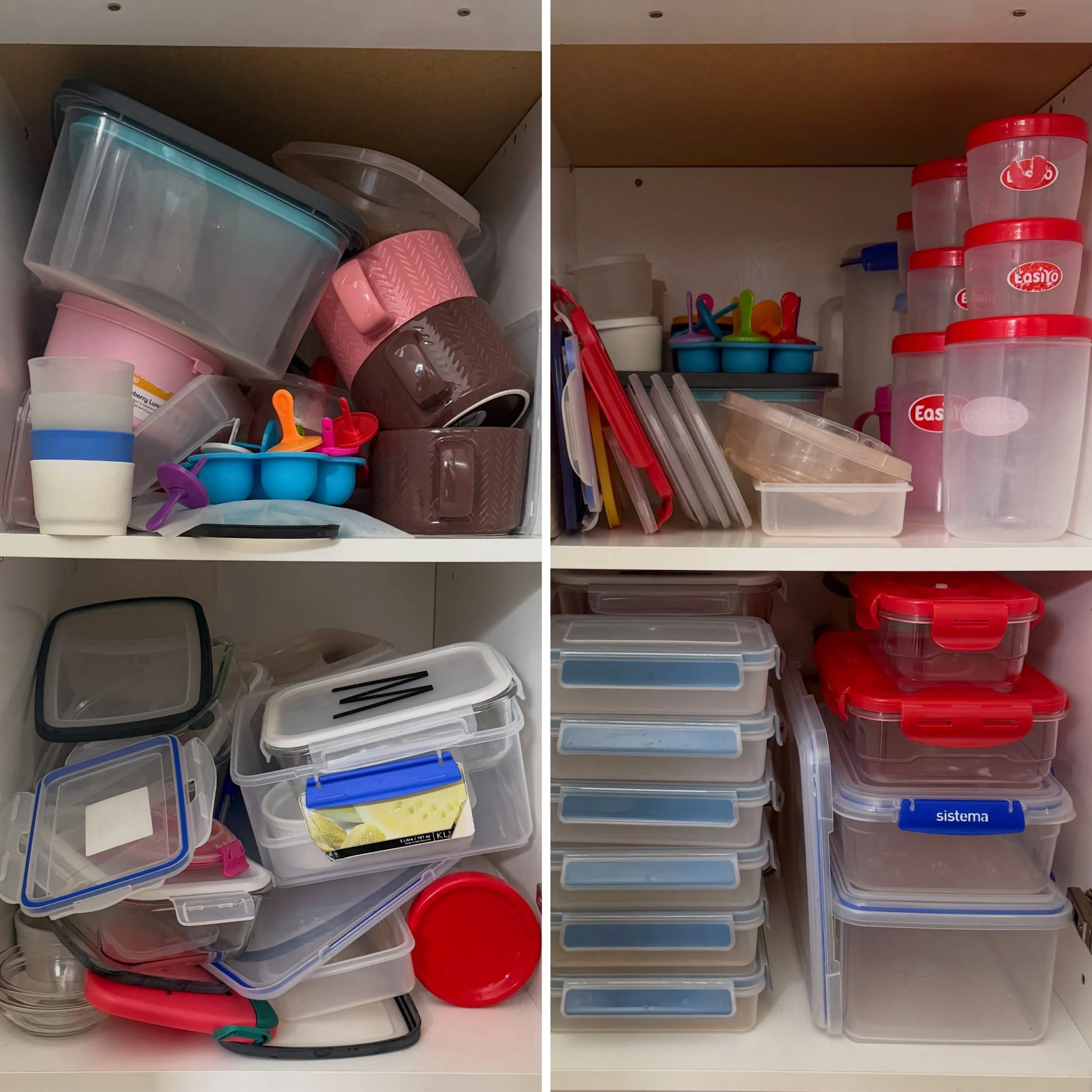 Before-and-after kitchen cupboard transformation with food-storage containers and lids neatly sorted and stacked.