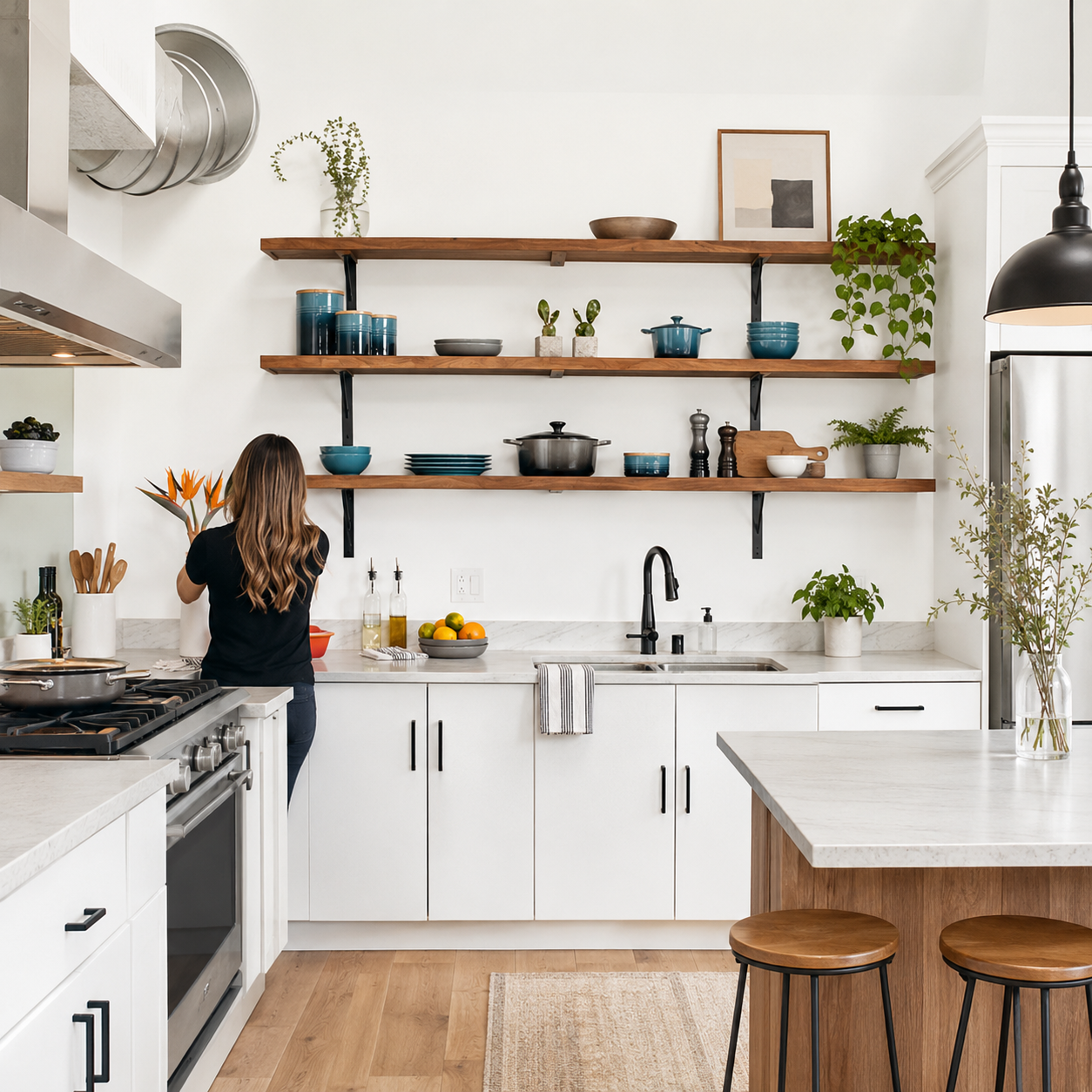 A woman with long brown hair, from behind, working in a modern kitchen with open wooden shelves, blue dishes, a bowl of fruit, and kitchenware.