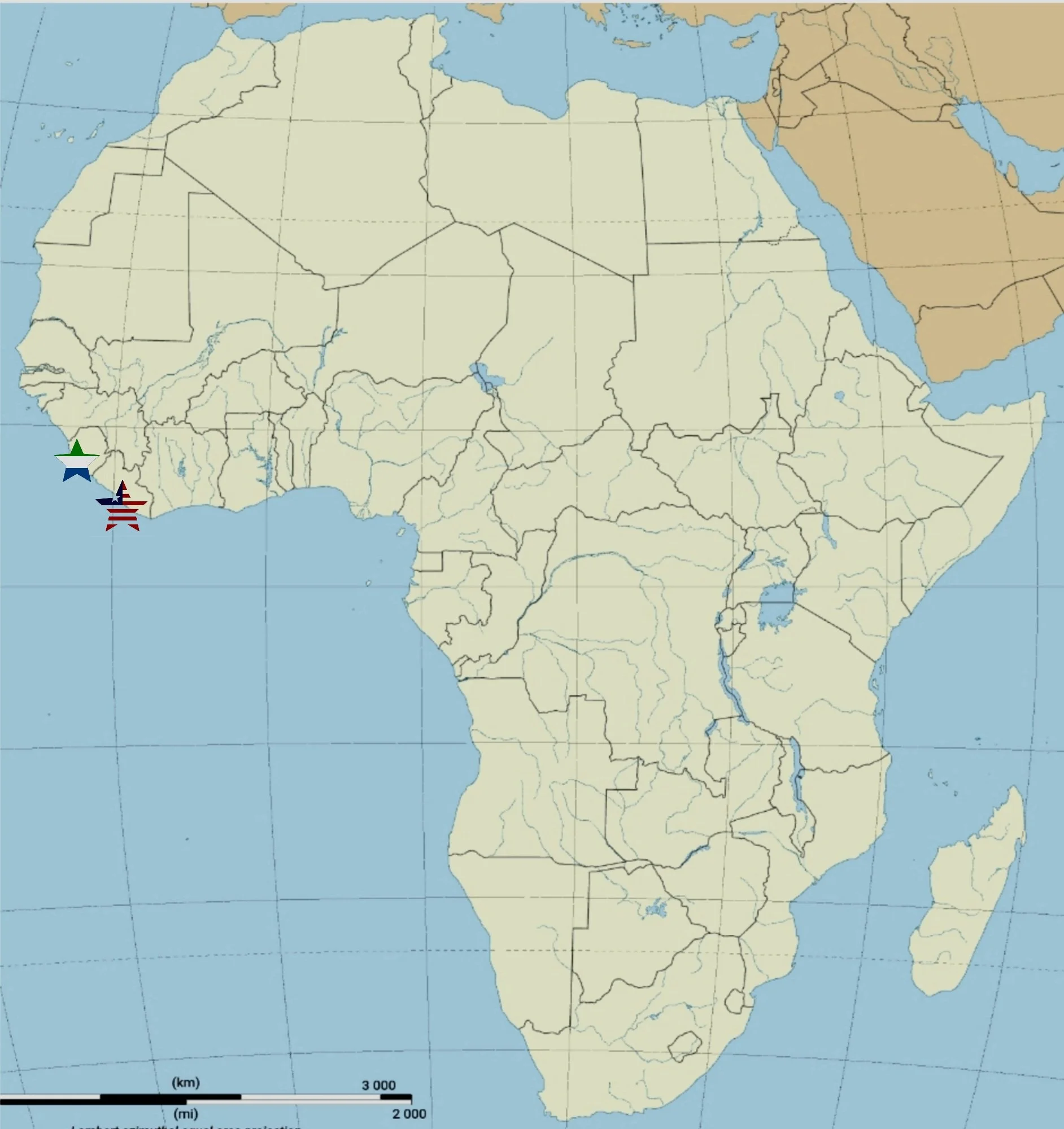 Map of Africa with markers on the west coast, including flags of the United States, Central African Republic, and Nigeria.