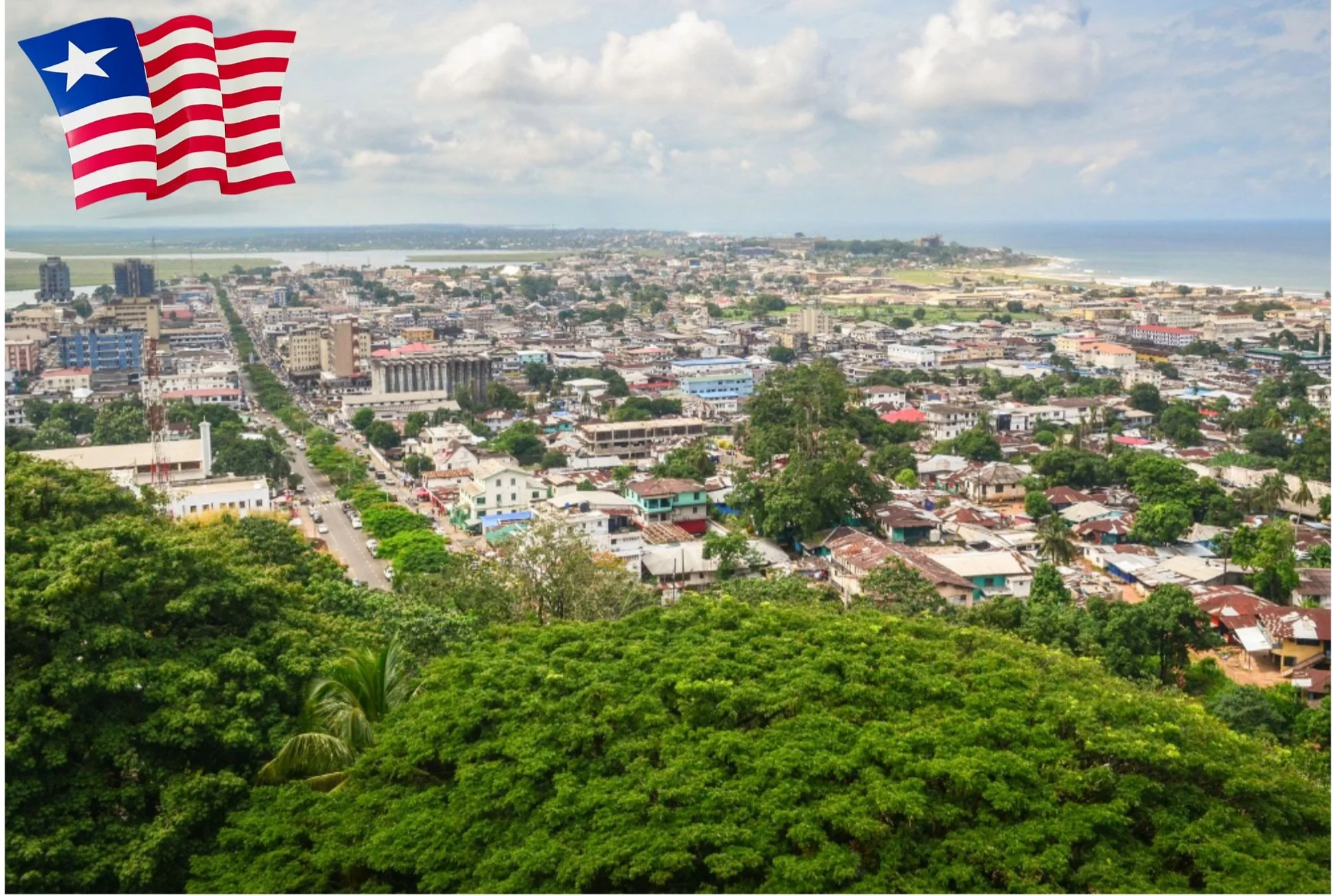 A city skyline with a dense urban area, green trees in the foreground, and the ocean in the background. An American flag graphic is in the top left corner.