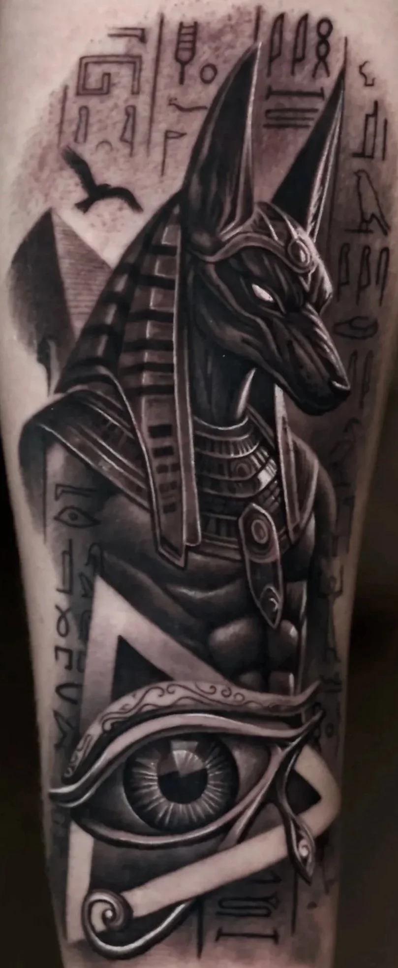Tattoo of Anubis, the Egyptian god, with Egyptian hieroglyphs and an eye at the bottom. Tattoo done by Allan Mandi realism tattoo Artist from Knoxville Tennessee
