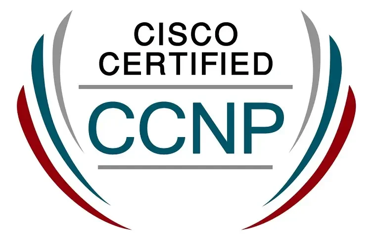 Cisco Certified CCNP badge with curved lines in red, teal, and gray colors.