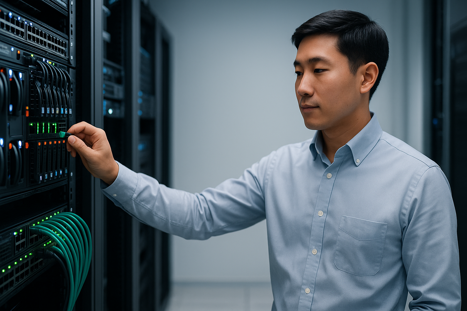 Man wearing a light blue shirt working on a server in a data center.